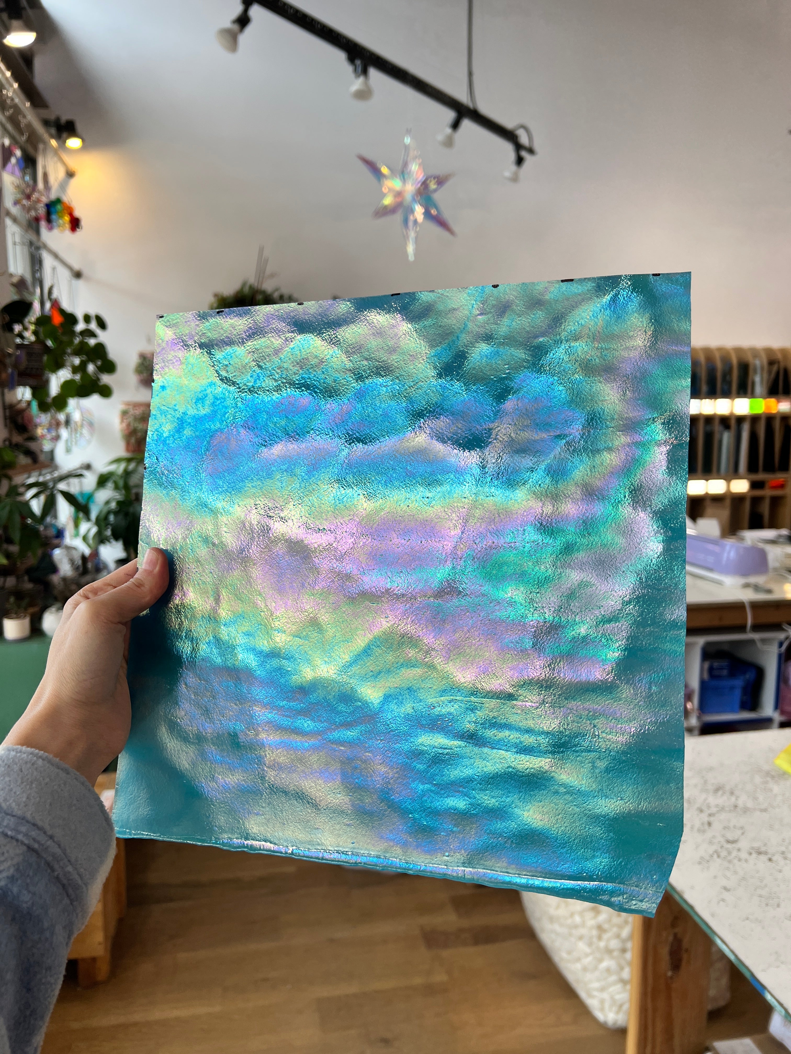 Turquoise Iridescent Stipple Youghiogheny (Y6600SPI) Sheet Glass Colorado Glassworks