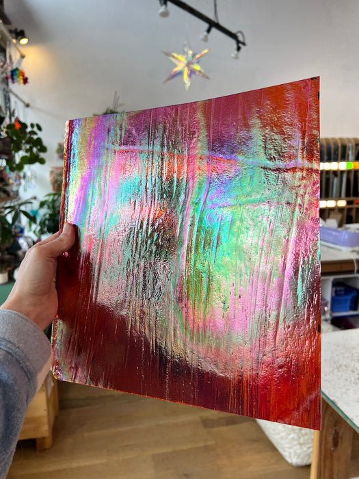 Red Cathedral Iridescent Youghiogheny Fusible 96 COE (Y96900I) Sheet Glass Colorado Glassworks