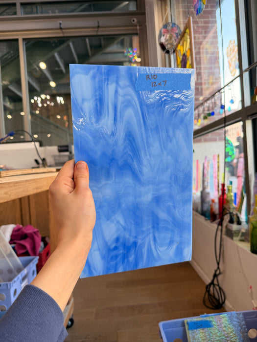 Medium Blue White Wispy Vintage Spectrum Sheet Glass Bullseye 12x7in (SP-89746477)