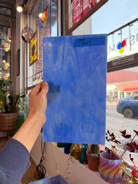 Medium Blue White Wispy Vintage Spectrum Sheet Glass Bullseye