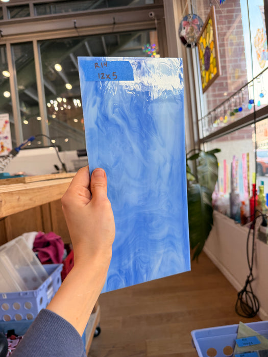 Medium Blue White Wispy Vintage Spectrum Sheet Glass Bullseye 12x5in (SP-89779245)