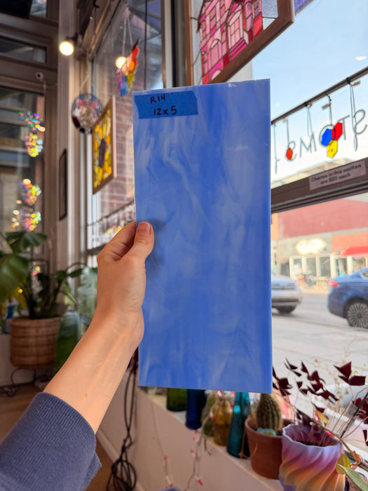 Medium Blue White Wispy Vintage Spectrum Sheet Glass Bullseye