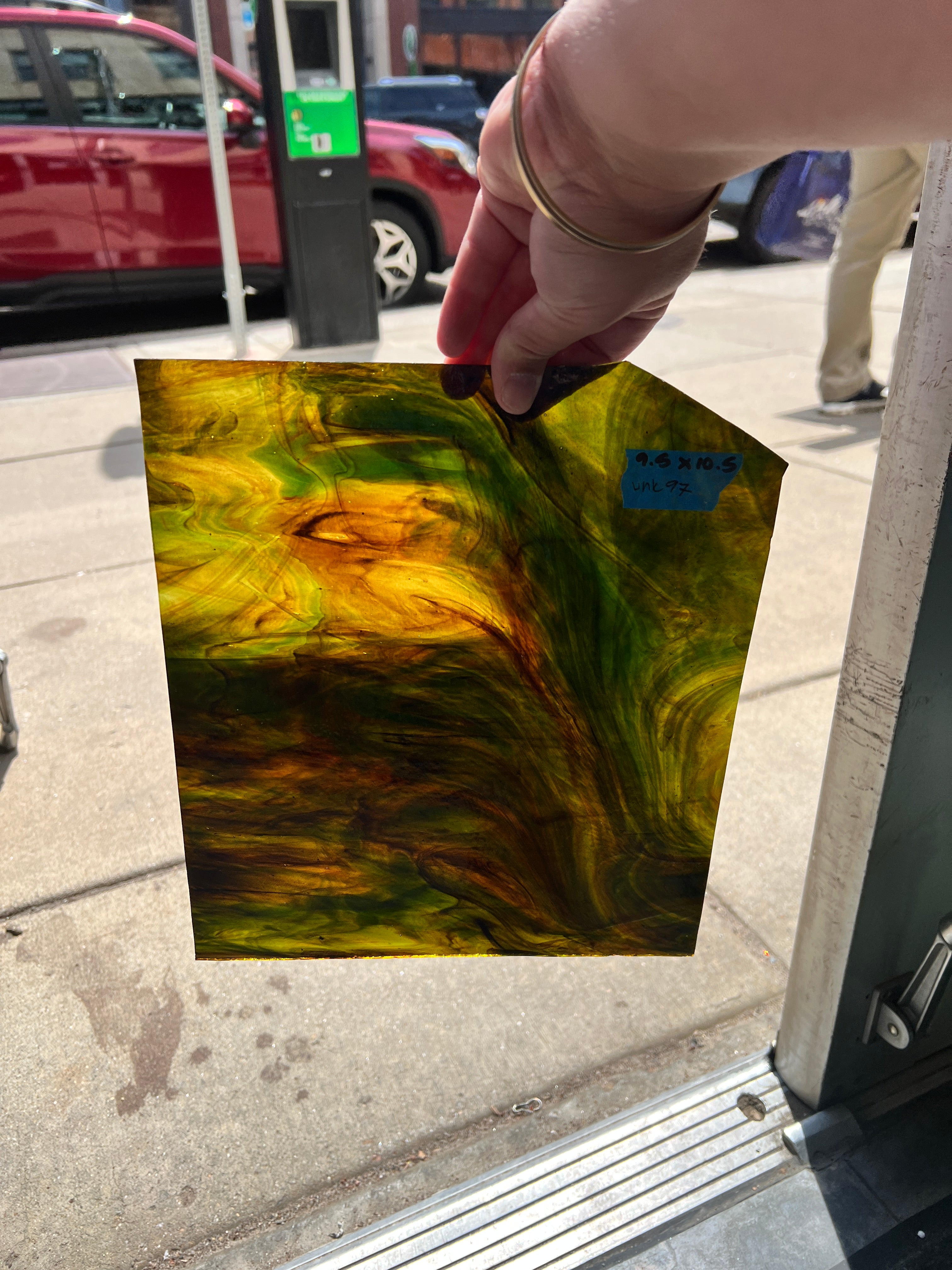 Dark Green Brown Wispy Transparent Sheet Glass Colorado Glassworks UNK97 (9.5X10.5in)  