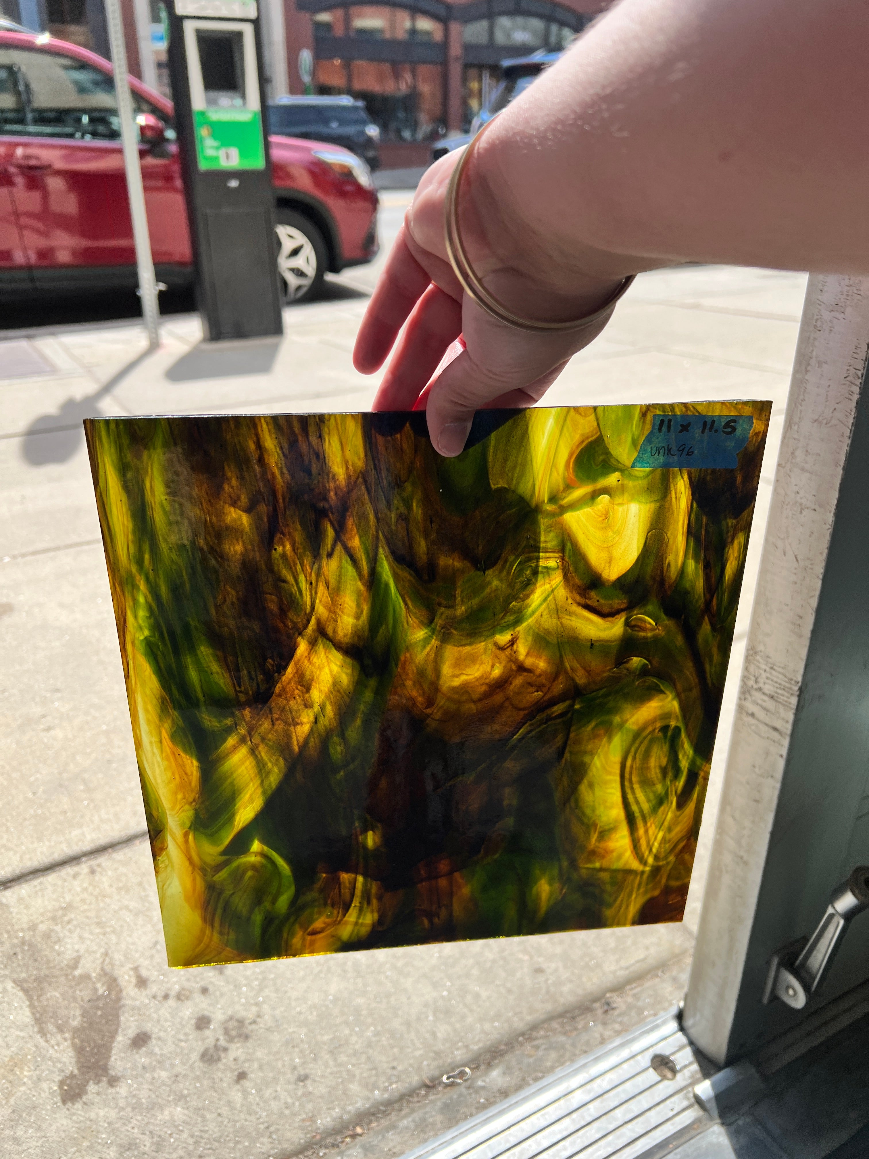 Dark Green Brown Wispy Transparent Sheet Glass Colorado Glassworks UNK96 (11X11.5in)  