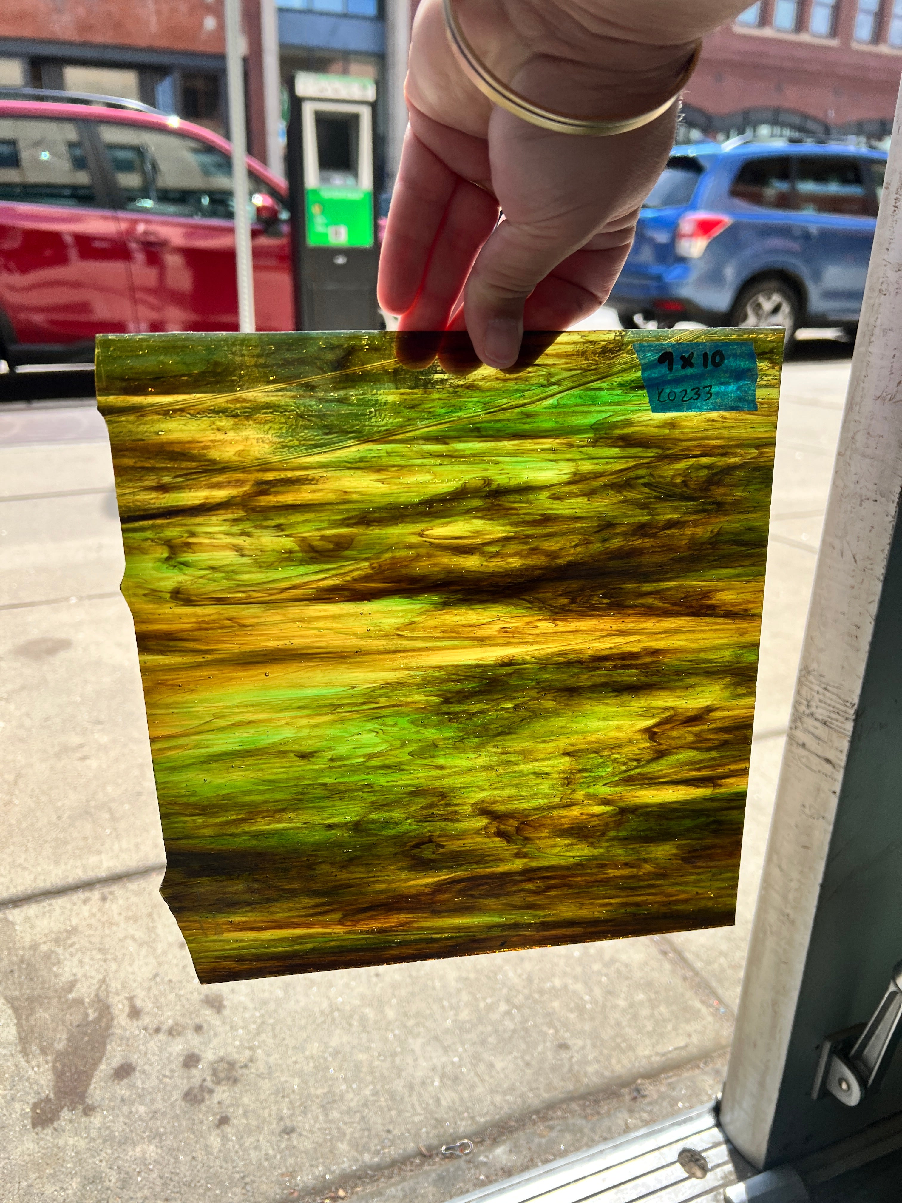 Brown Green Wispy Transparent - Kokomo Sheet Glass Colorado Glassworks KO233 (9X10in)  