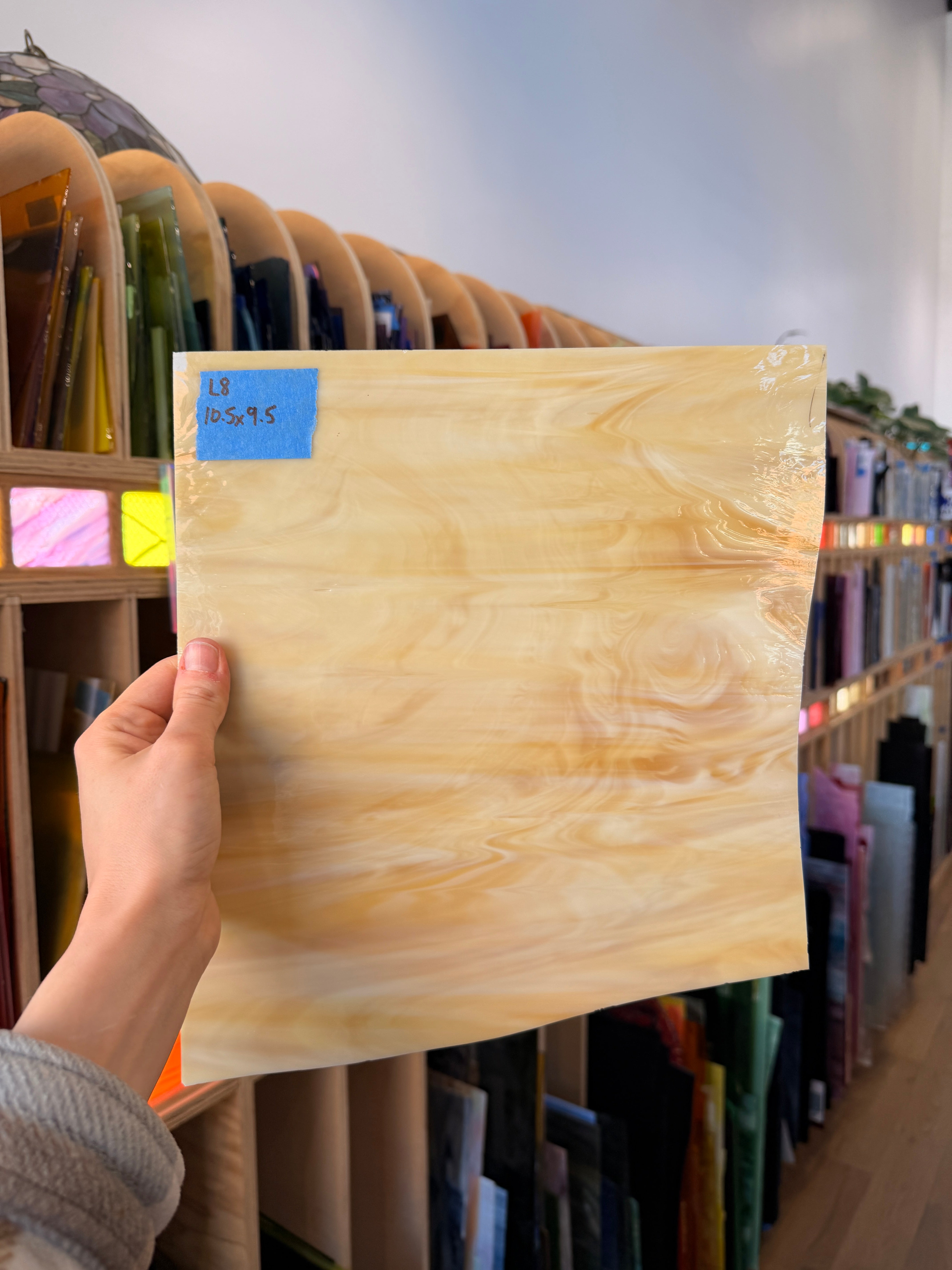 Light Amber White Wispy Vintage Spectrum Sheet Glass Colorado Glassworks 10.5x9.5in (SP-19203885)