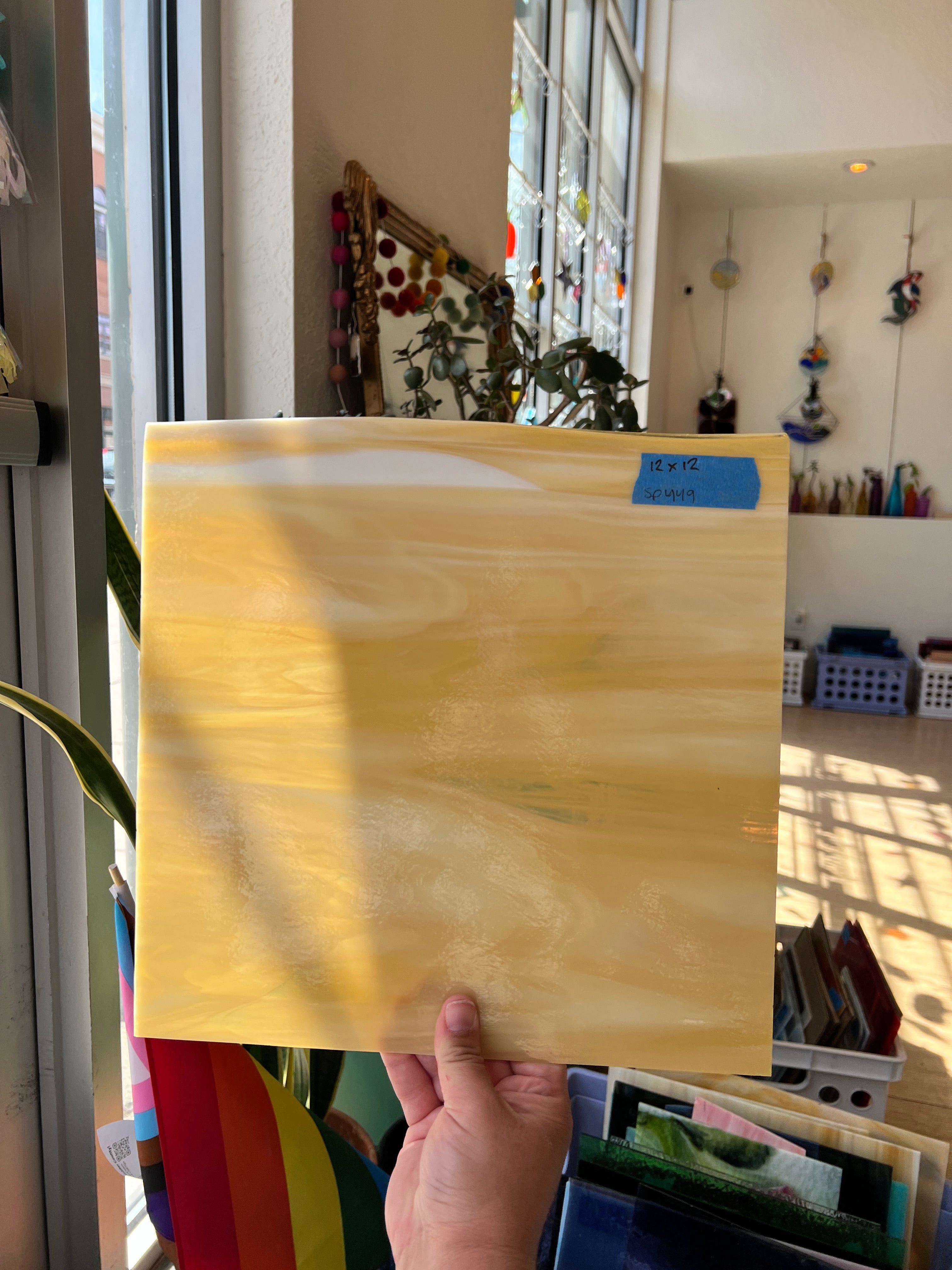 Amber/Tan/Yellow Vintage Wispy Spectrum Sheet Glass Colorado Glassworks SP449 (12X12in)  