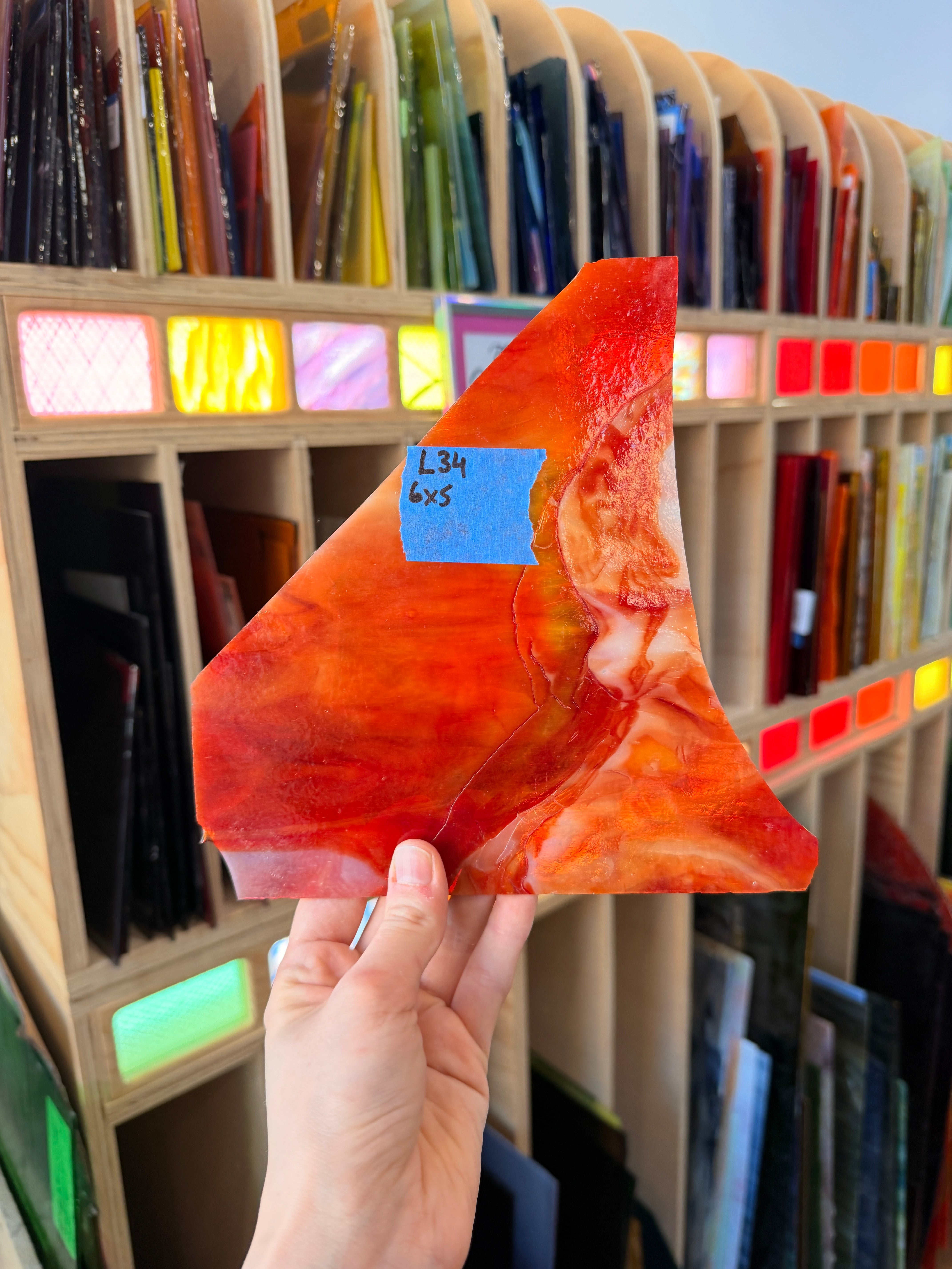 Red-Orange Wispy Kokomo Sheet Glass Colorado Glassworks 6x5in (KO-31286829)