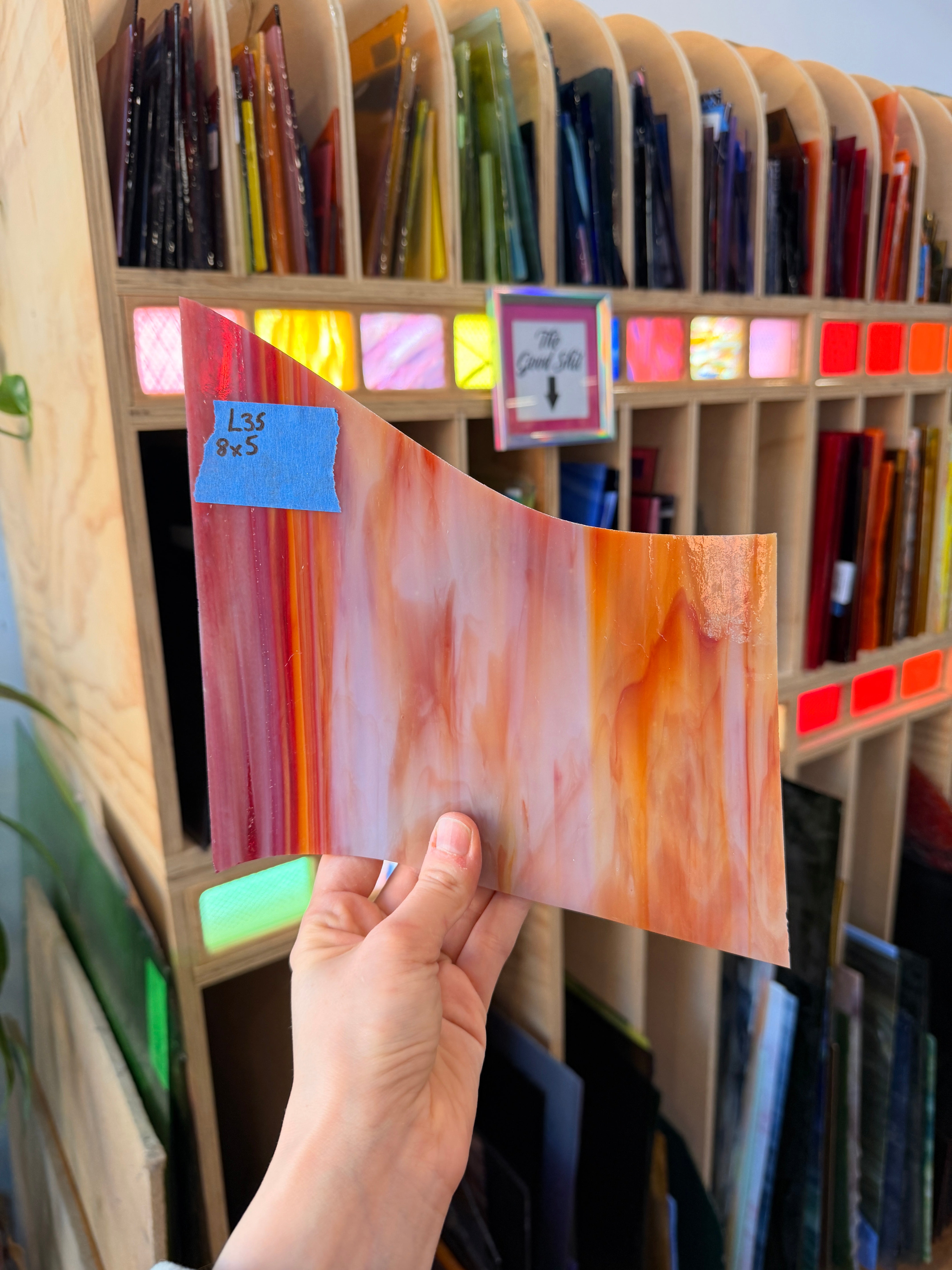 Red-Orange Wispy Kokomo Sheet Glass Colorado Glassworks 8x5in (KO-31254061)