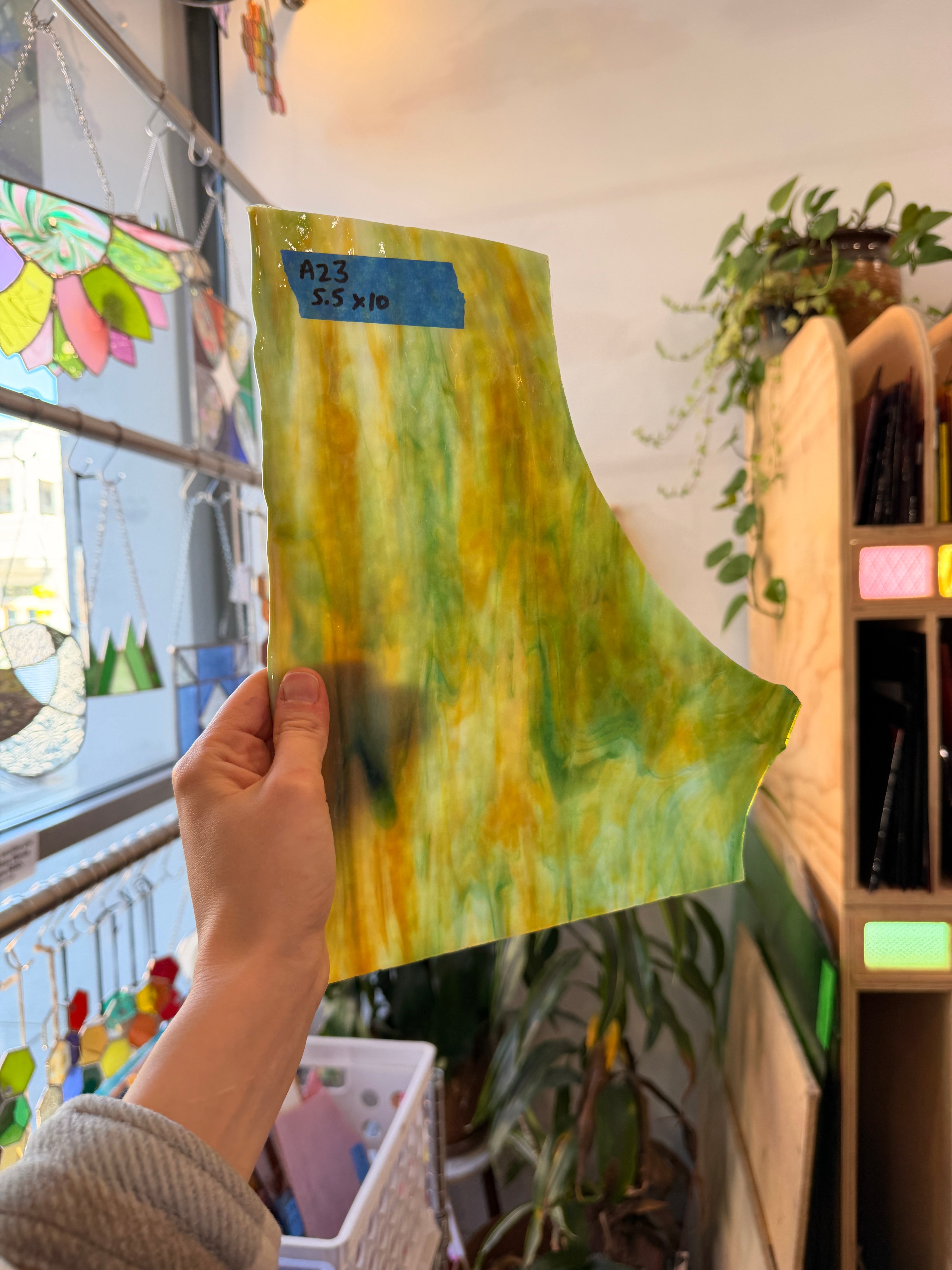 Green Amber Wispy Bullseye Sheet Glass Colorado Glassworks