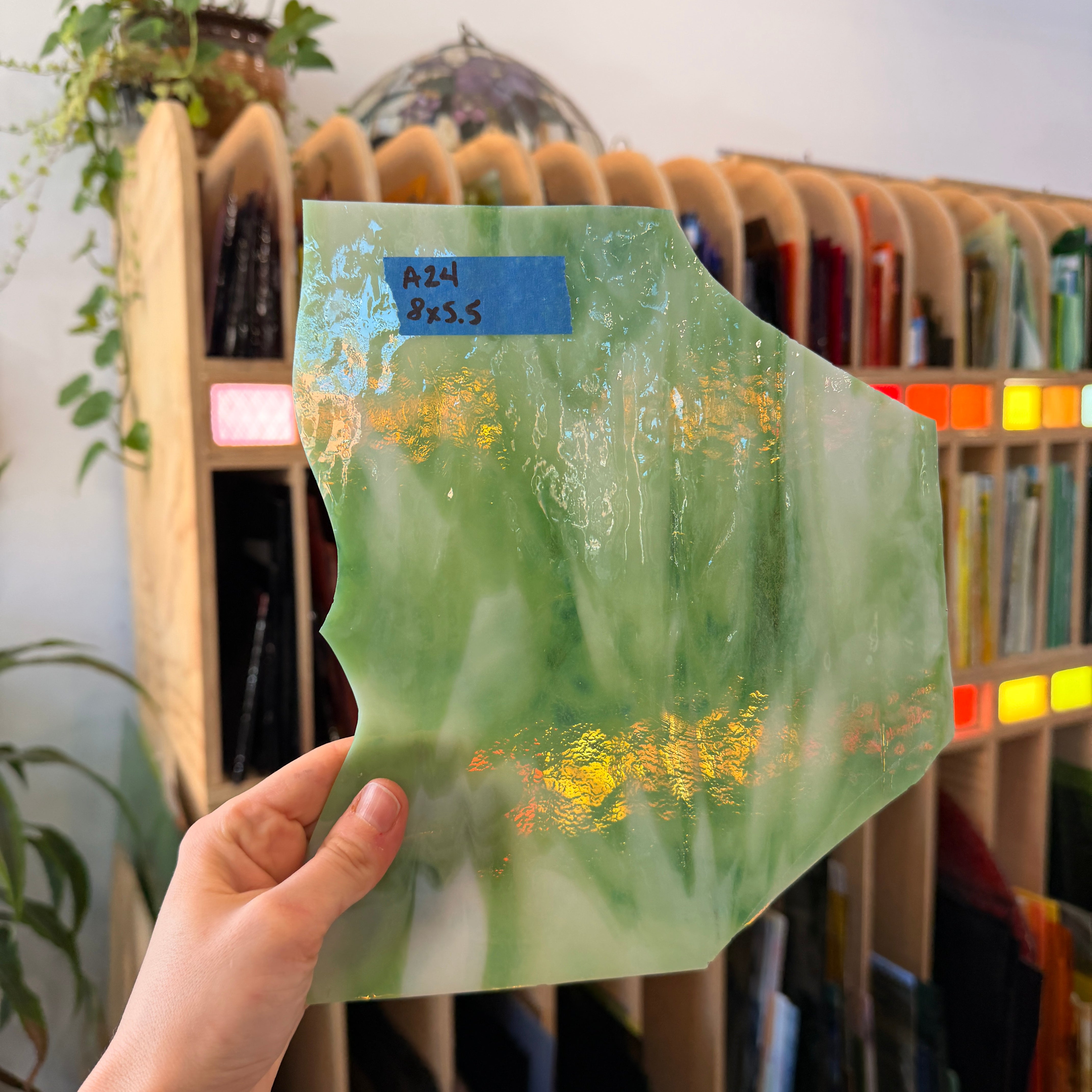 Vintage Green White Dappled Sheet Glass Colorado Glass Works