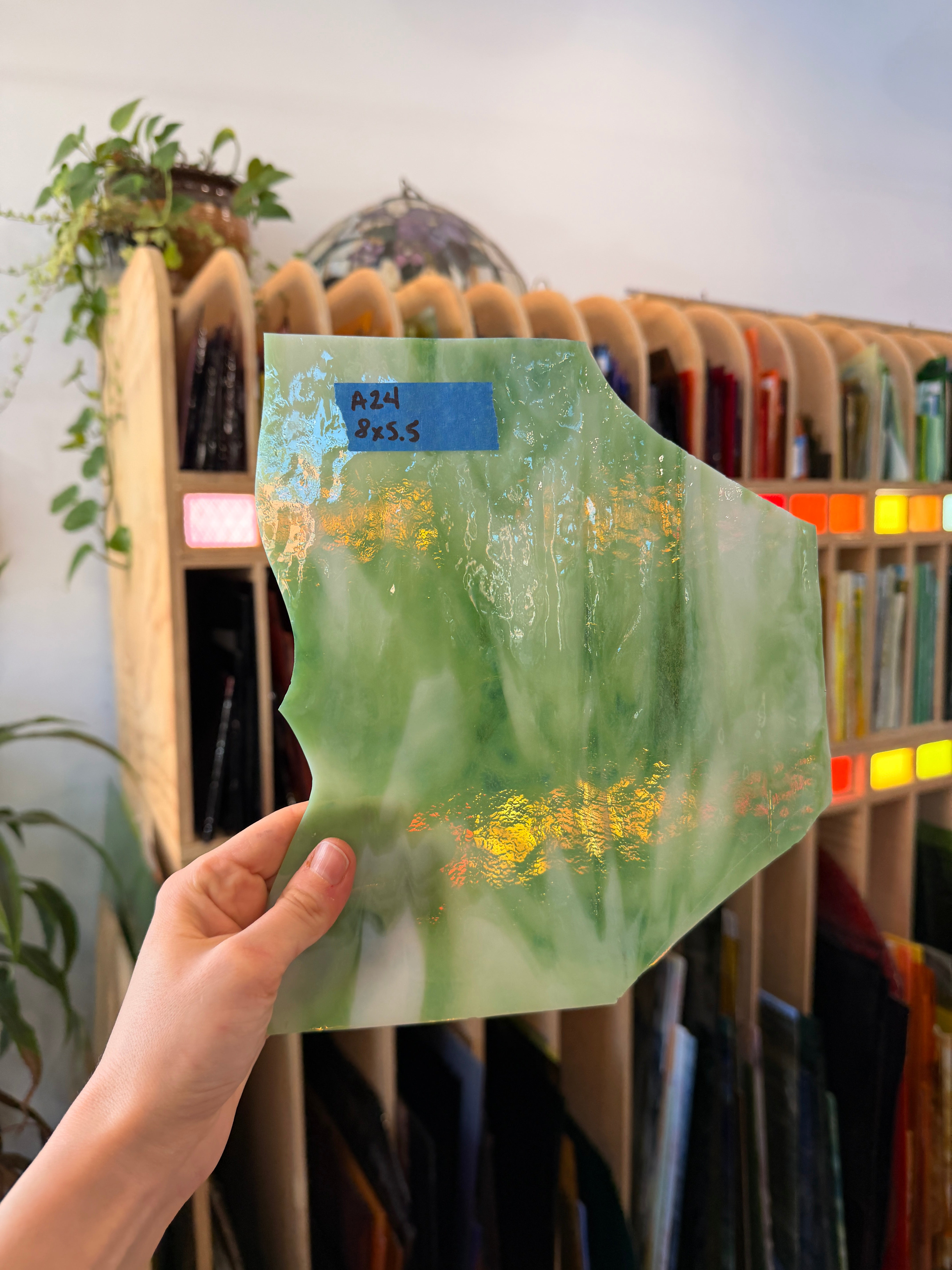 Vintage Green White Dappled Sheet Glass Colorado Glass Works