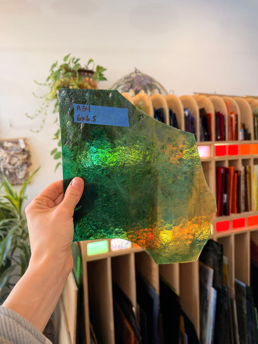 Blue Green Confetti/Frature Clear Uroborus Sheet Glass Colorado Glassworks 6x6.5in (UR-94406957)