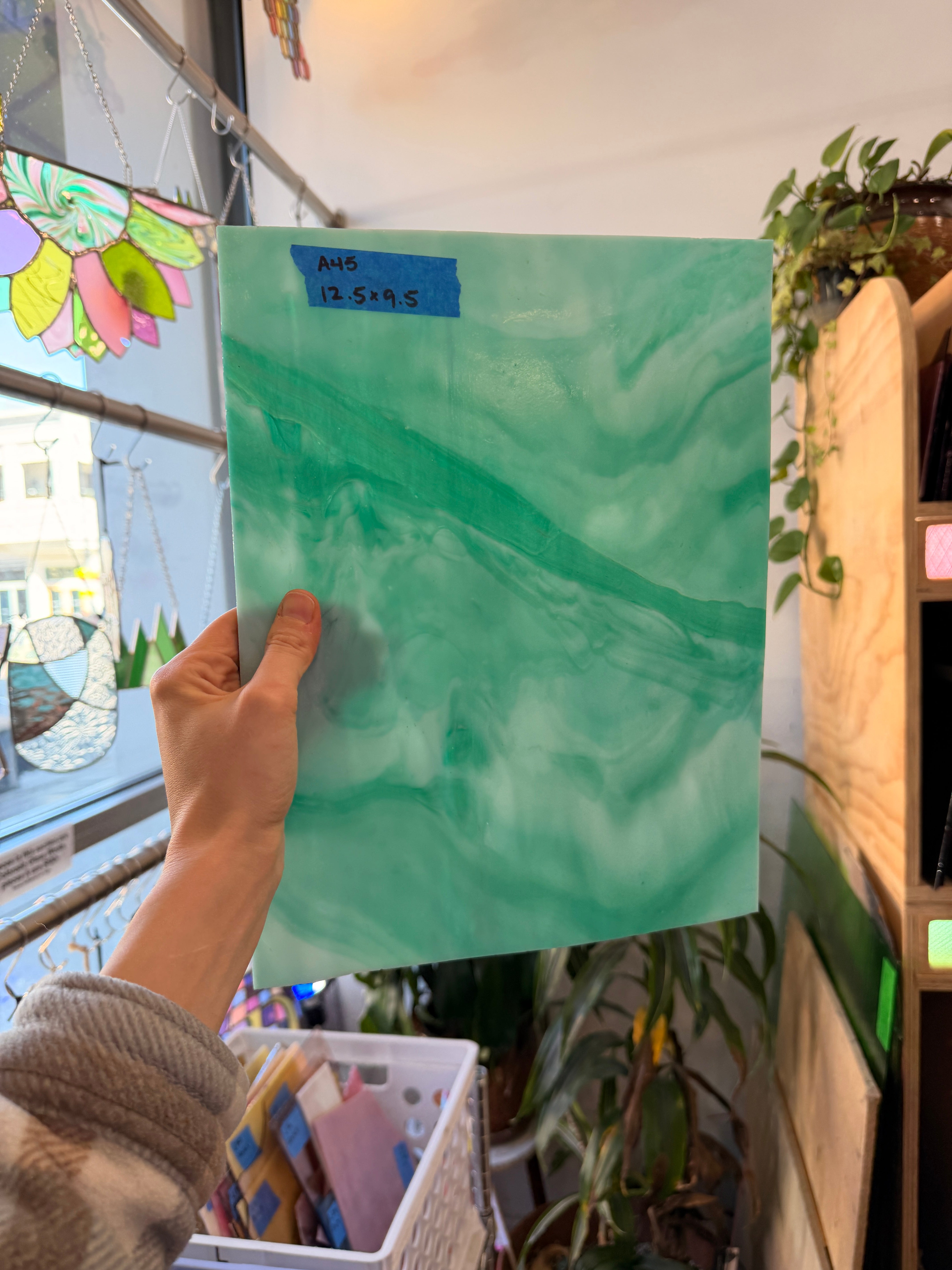 Teal White Wispy Armstrong Sheet Glass Bullseye