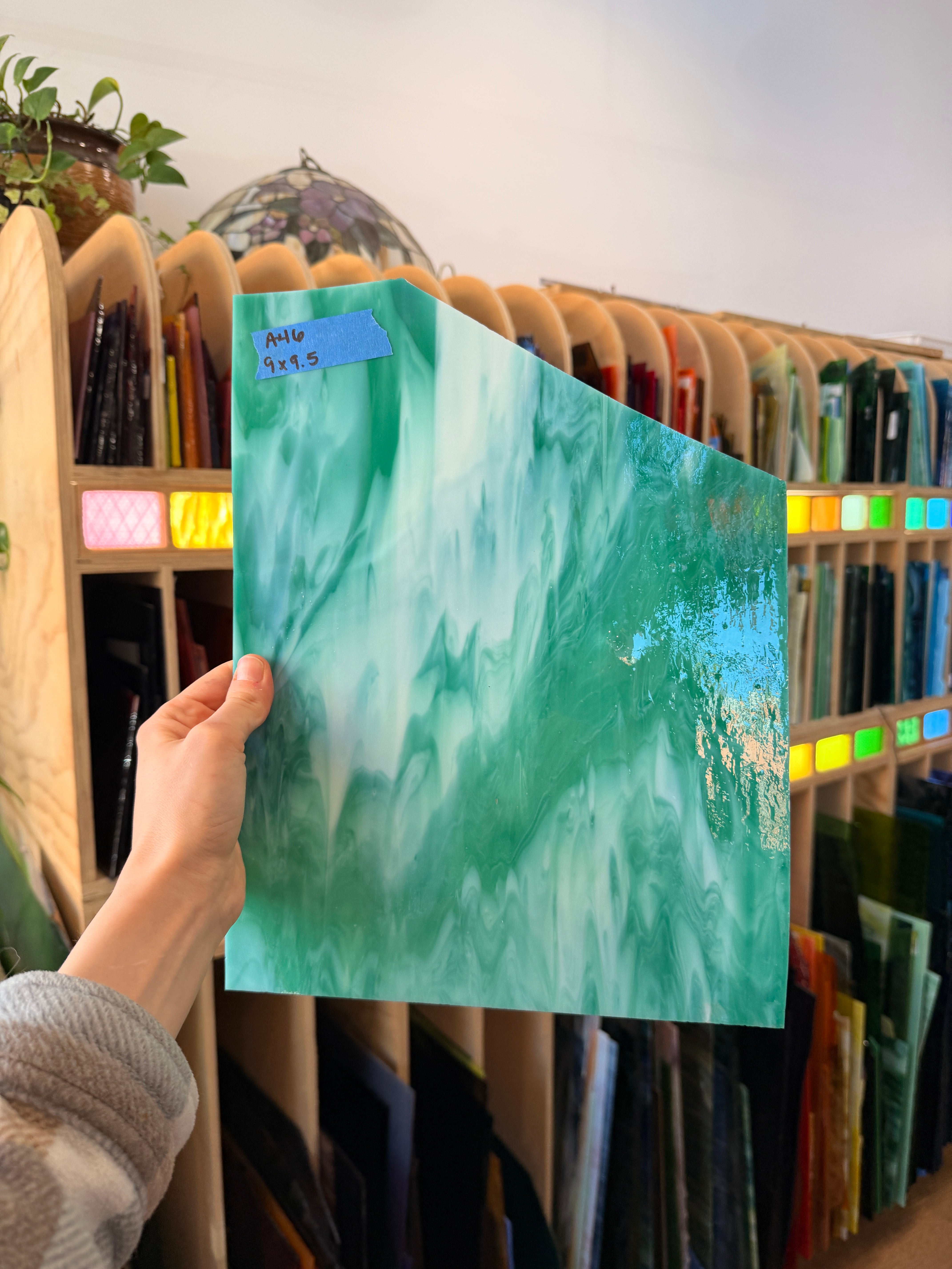 Teal White Wispy Armstrong Sheet Glass Bullseye 9x9.5in (ARM-95832877)