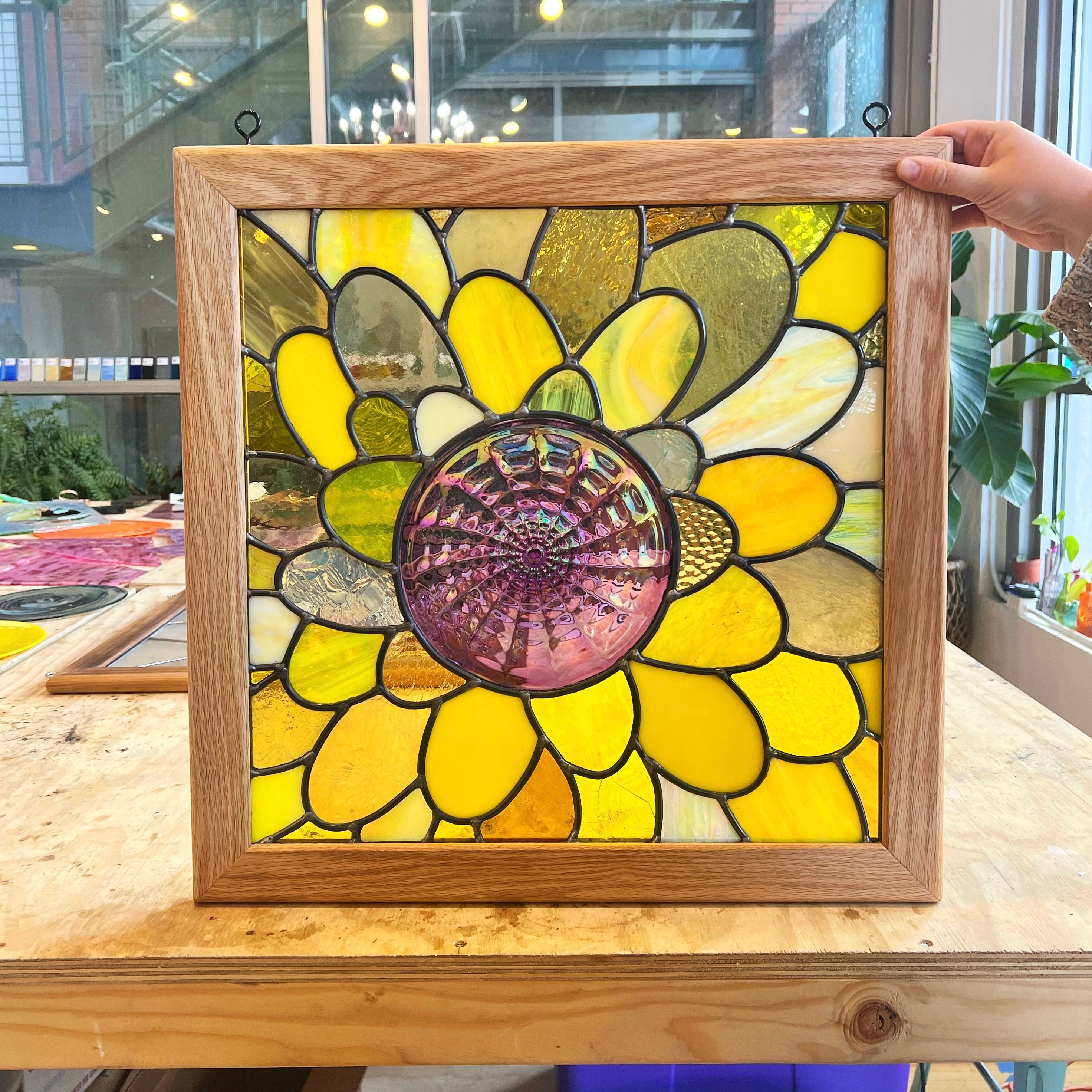 Leaded Yellow & Purple Flower (Large Panel) Finished Pieces Colorado Glassworks   