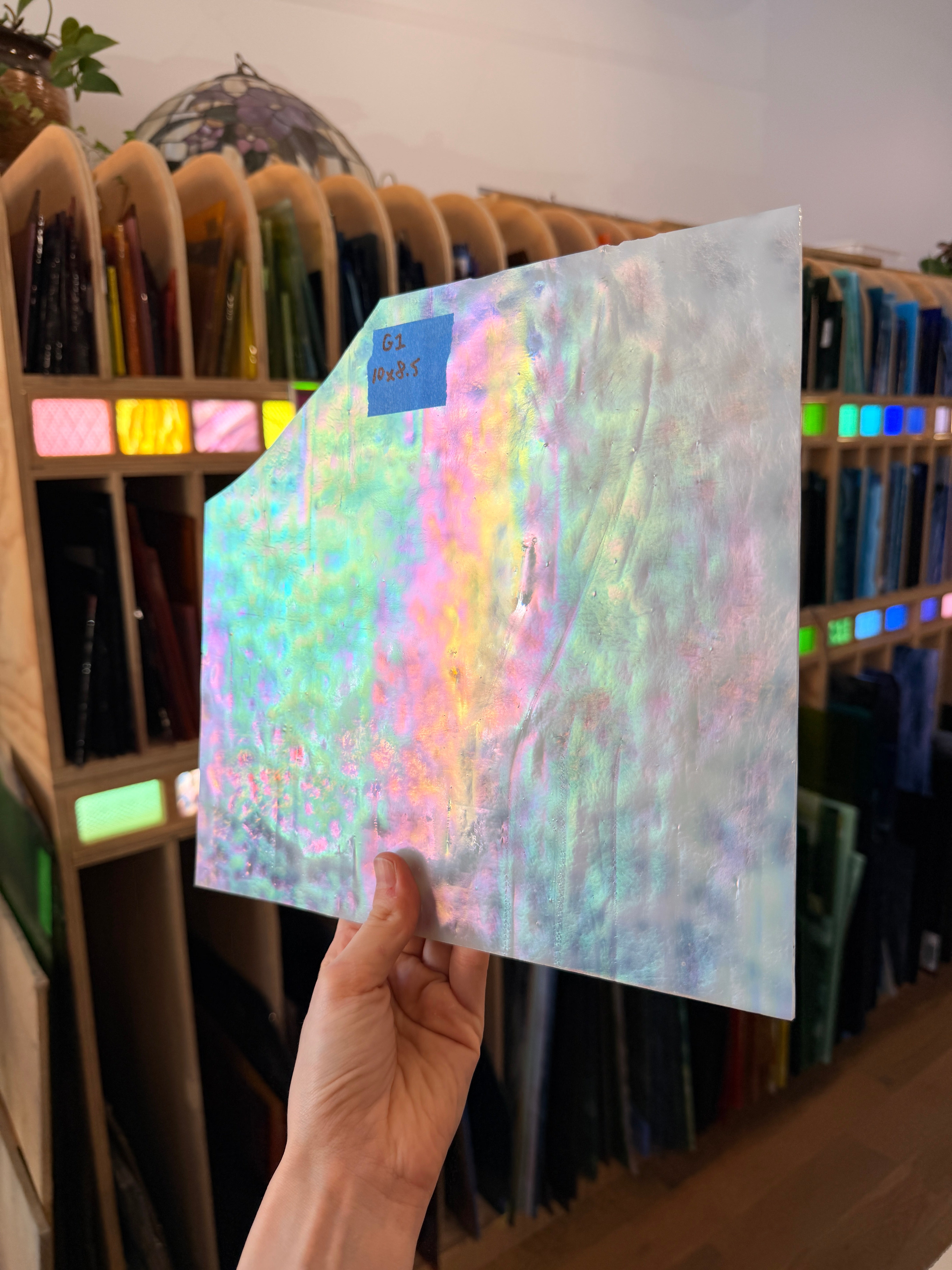 White Mottled Iridescent Youghiogheny Sheet Glass Colorado Glassworks 10x8.5in (YG-63318061)