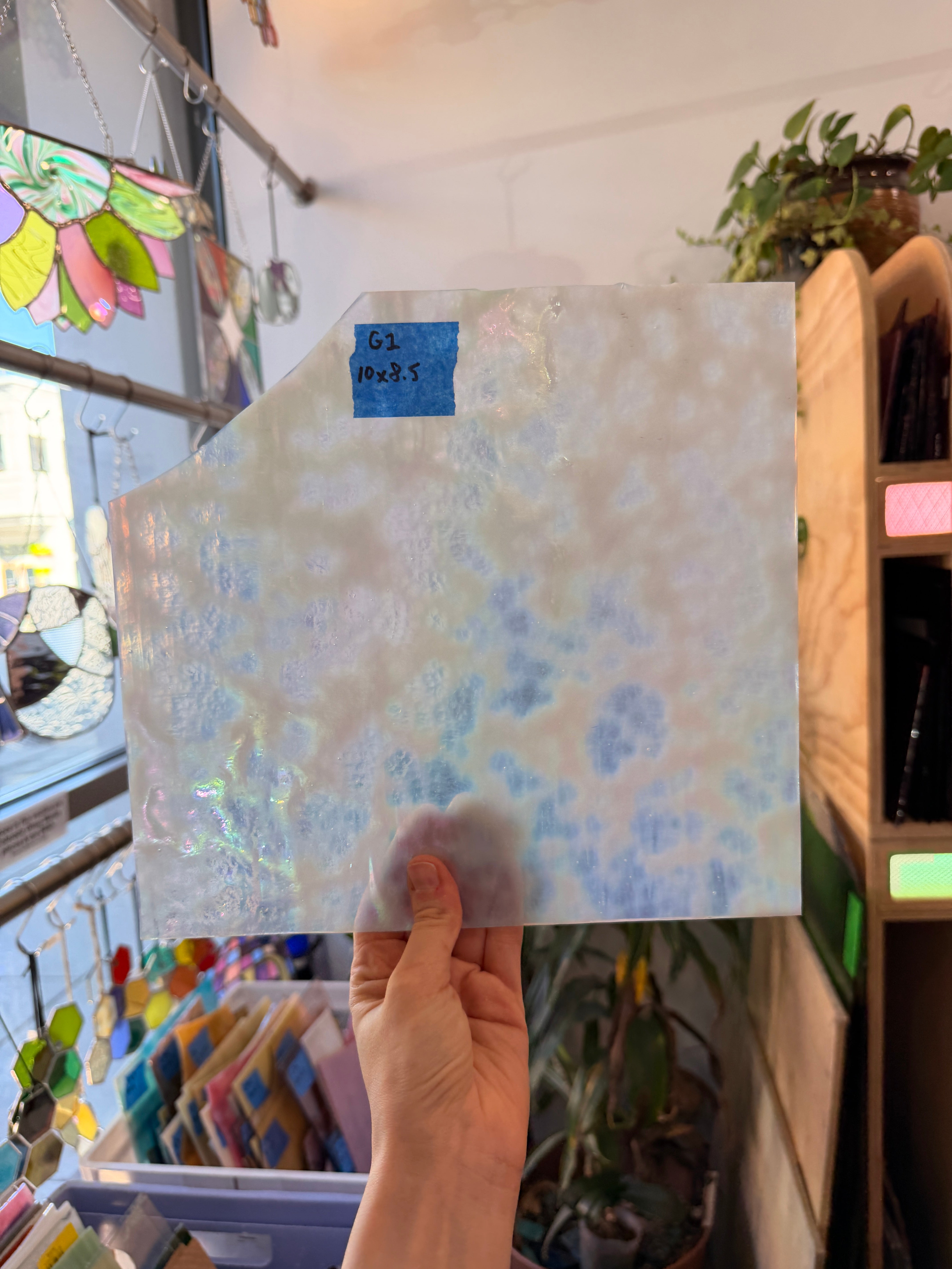 White Mottled Iridescent Youghiogheny Sheet Glass Colorado Glassworks