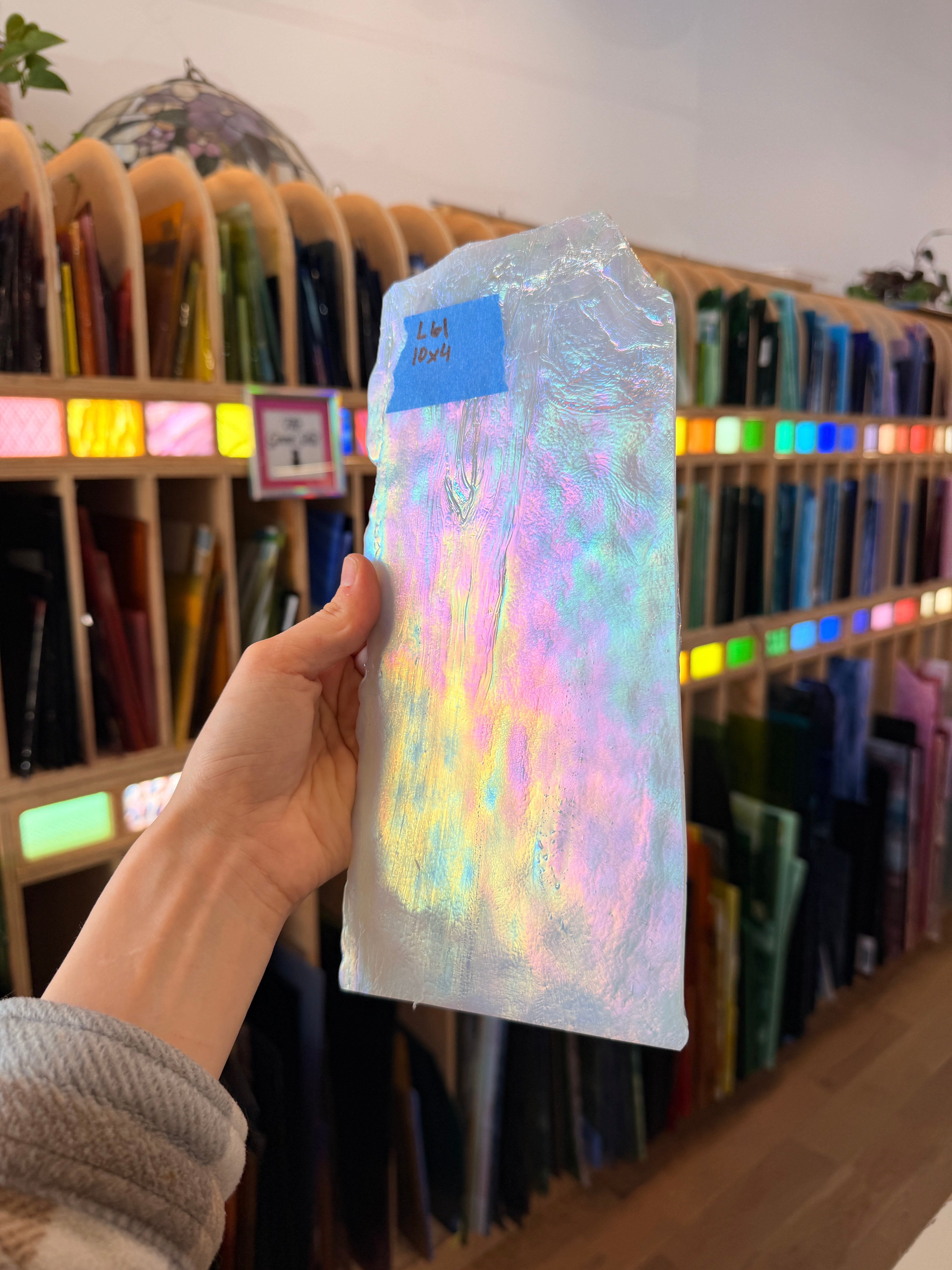 White Mottled Iridescent Youghiogheny Sheet Glass Colorado Glassworks 10x4in (YG-63350829)