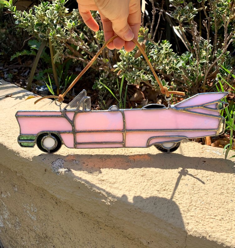 Stained glass pink vintage car