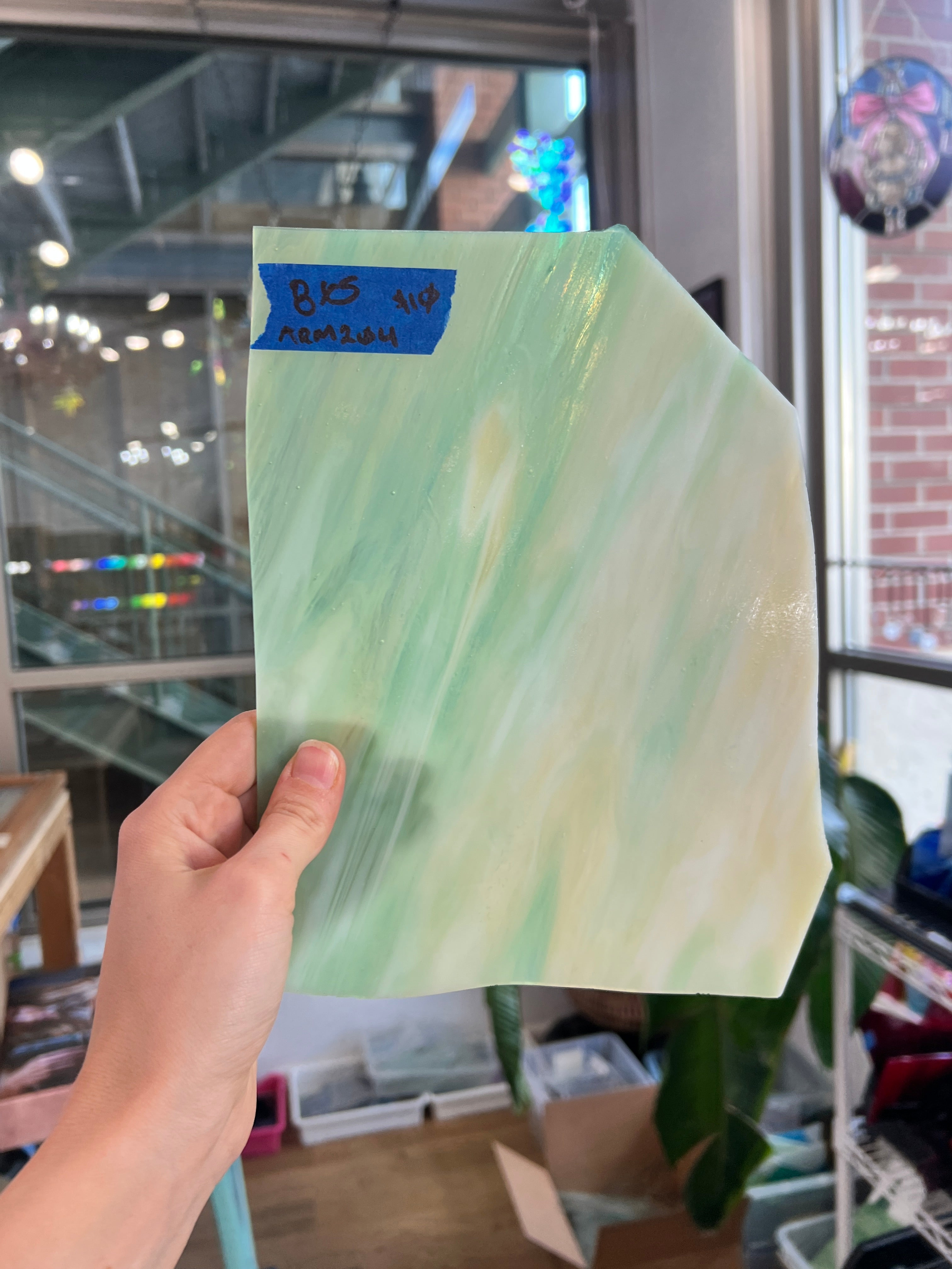 Green White and Tan Wispy Armstrong Sheet Glass Colorado Glassworks ARM204 (8x5in)