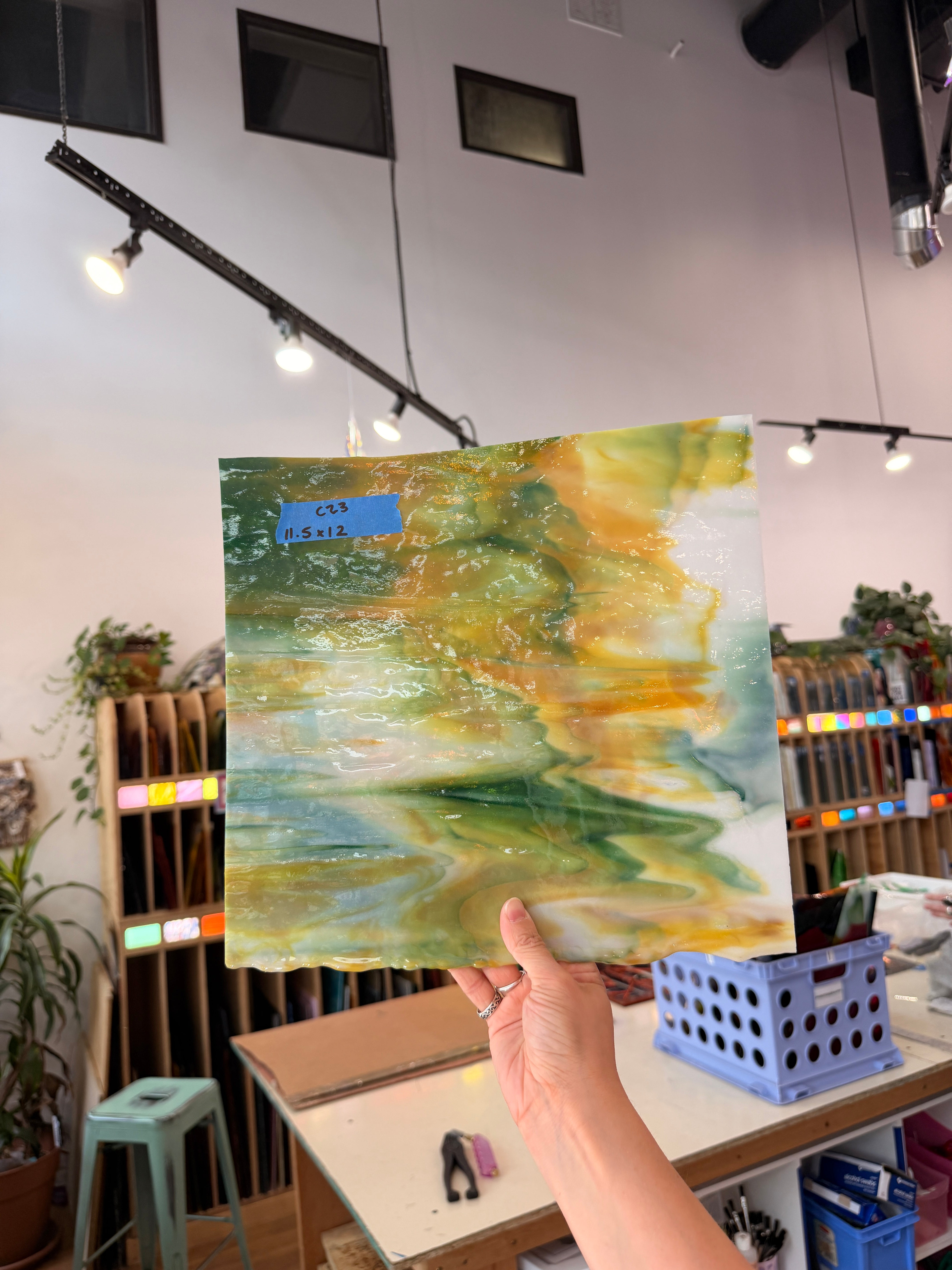 Caramel White Green Wispy Bullseye Sheet Glass Colorado Glassworks