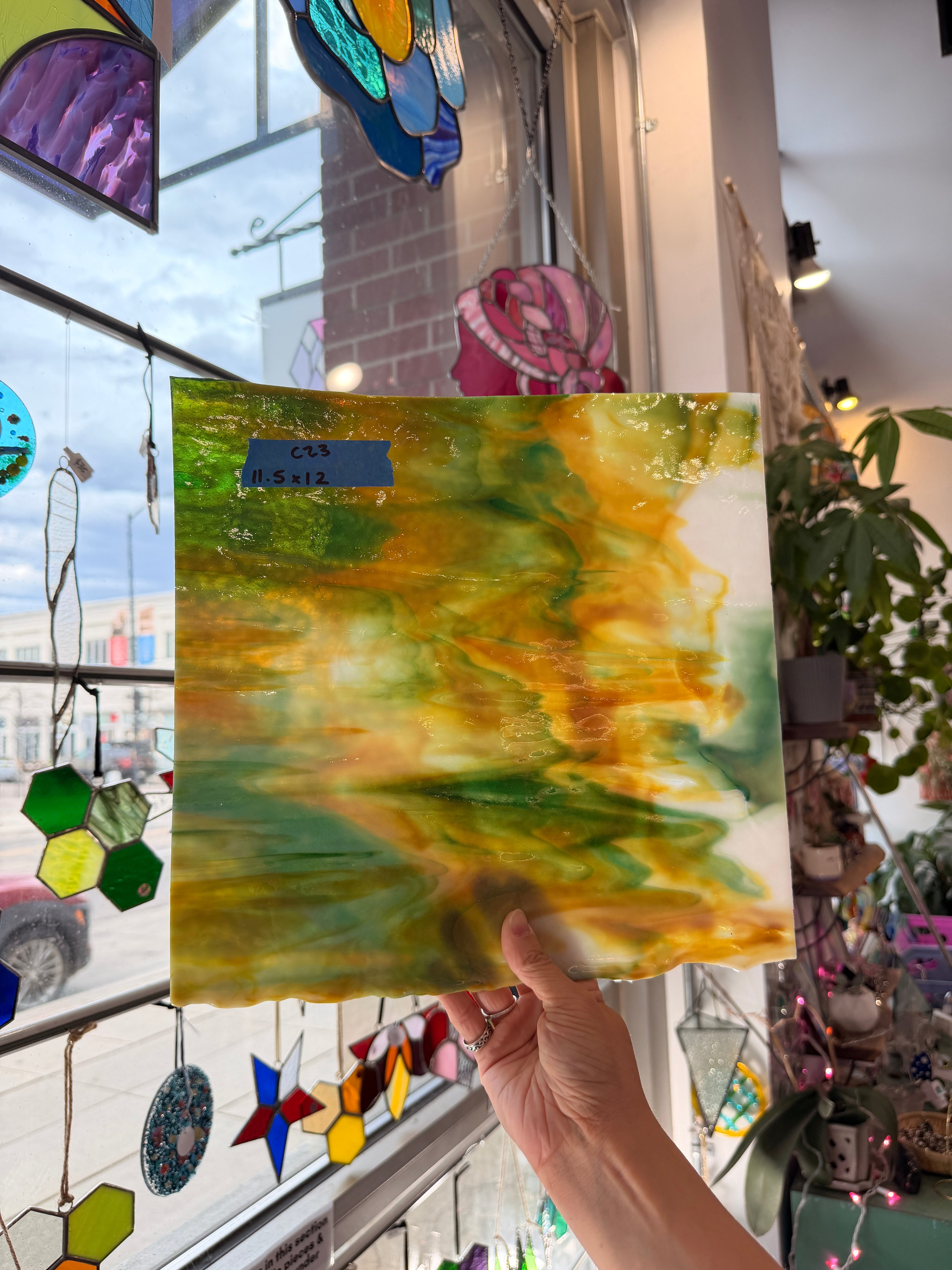 Caramel White Green Wispy Bullseye Sheet Glass Colorado Glassworks