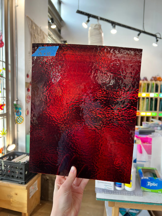 Red Hammered Transparent Wissmach Sheet Glass Colorado Glassworks WM1119 (13x10in)