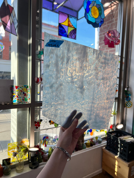 Light Blue White Wispy Rippled Semi-Transparent Sheet Glass Colorado Glassworks
