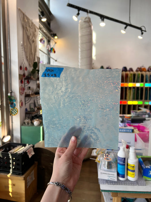 Light Blue White Wispy Rippled Semi-Transparent Sheet Glass Colorado Glassworks UNK290 (7.5x8in)