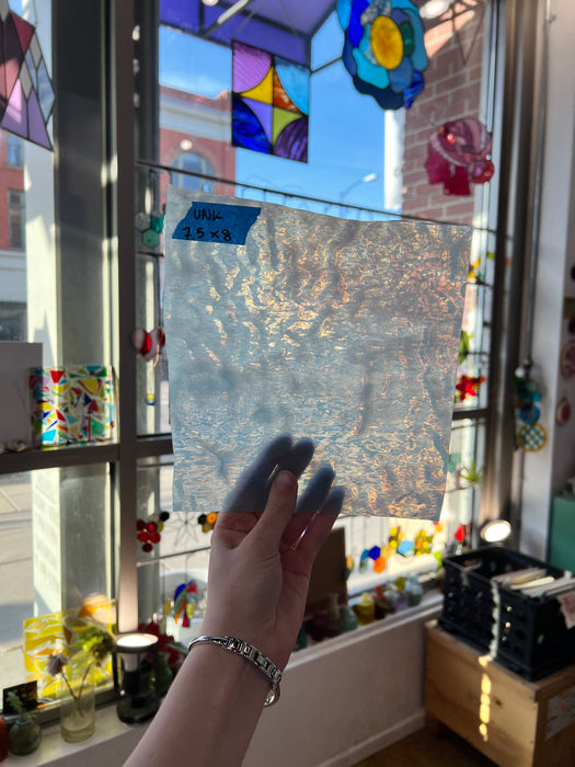 Light Blue White Wispy Rippled Semi-Transparent Sheet Glass Colorado Glassworks