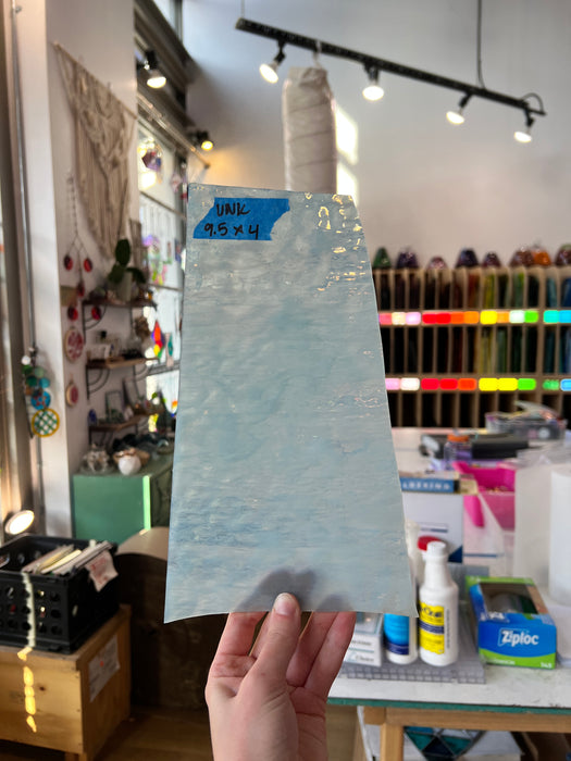 Light Blue White Wispy Rippled Semi-Transparent Sheet Glass Colorado Glassworks UNK291 (9.5x4in)