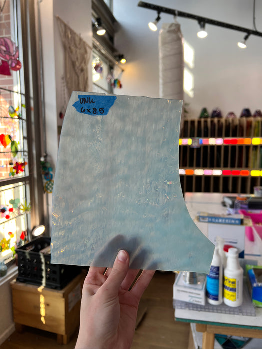 Light Blue White Wispy Rippled Semi-Transparent Sheet Glass Colorado Glassworks UNK292 (6x8.5in)