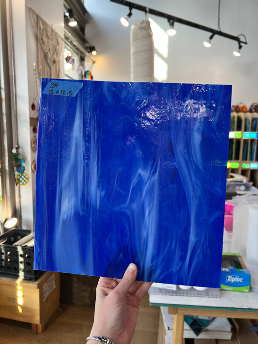 Deep Blue Wispy Spectrum Sheet Glass Kokomo SP1394 (12x12.5in)