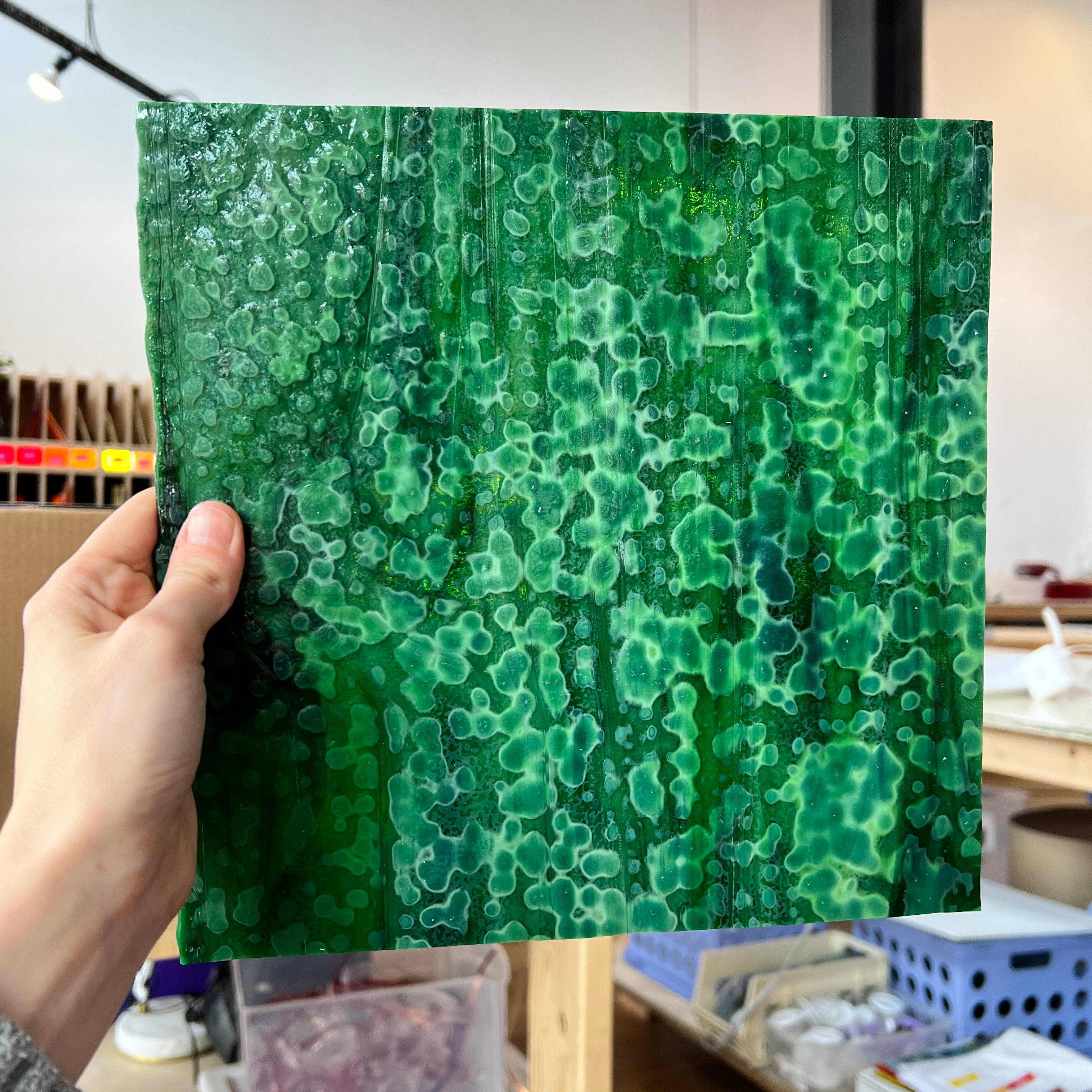 Green Mottled Bullseye (BE 6247) Sheet Glass Colorado Glassworks