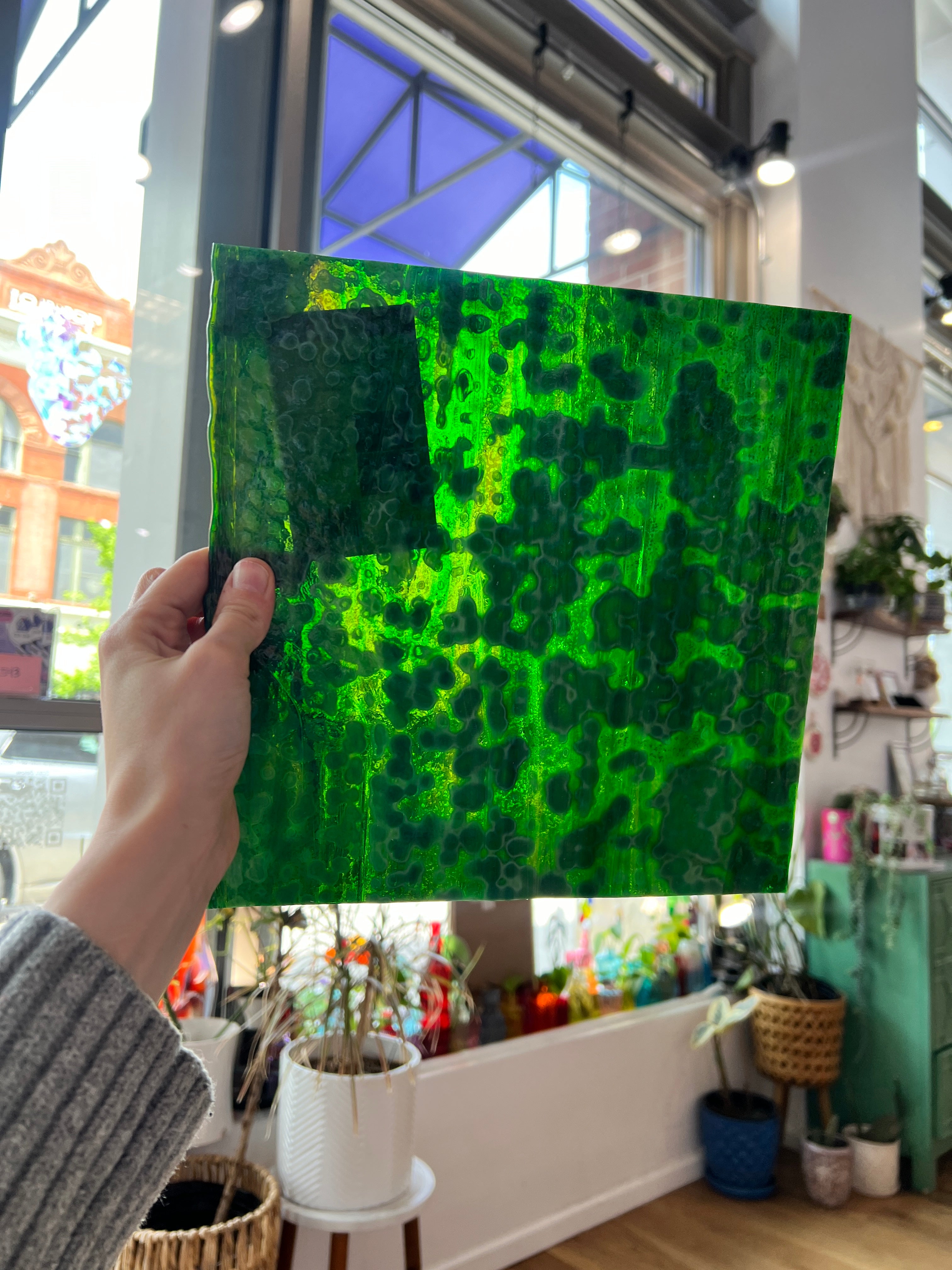 Green Mottled Bullseye (BE 6247) Sheet Glass Colorado Glassworks