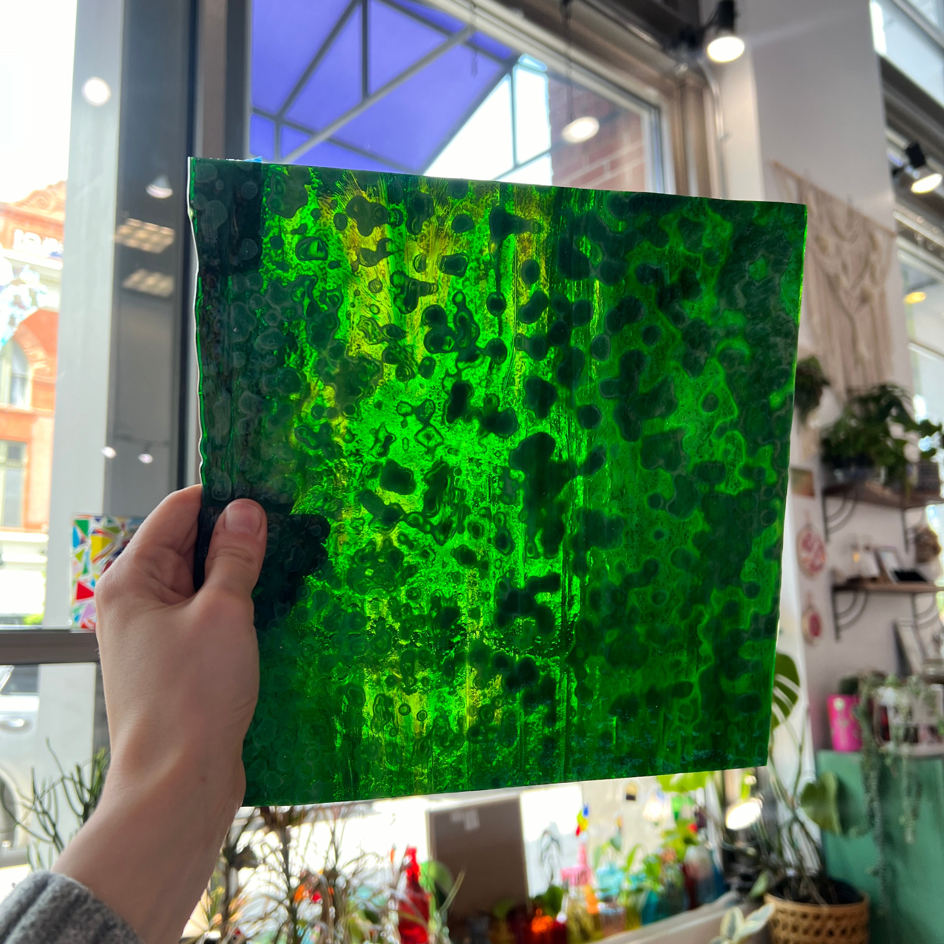 Green Mottled Bullseye (BE 6247) Sheet Glass Colorado Glassworks