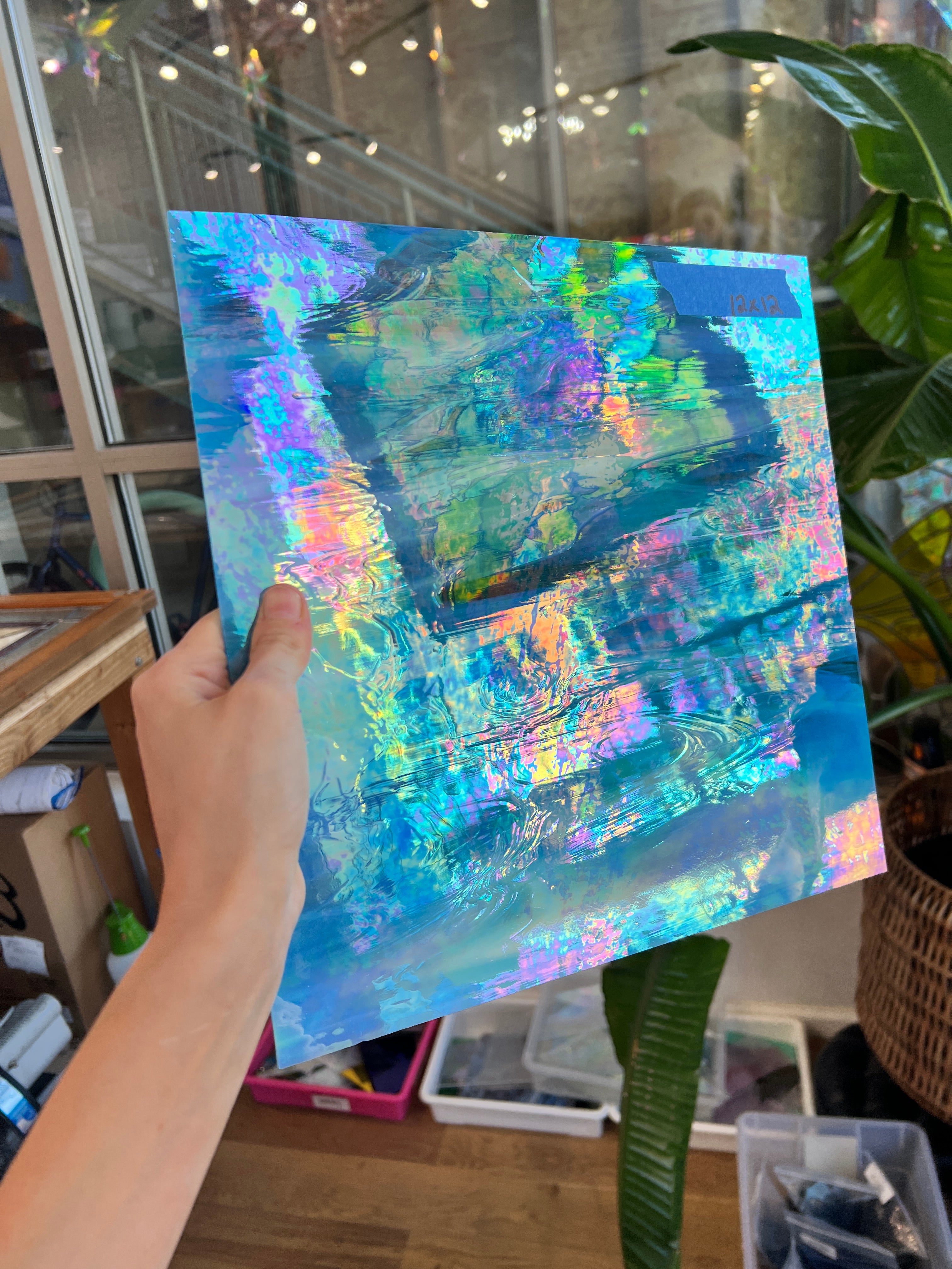 Light Blue Wispy Iridescent Vintage Spectrum Sheet Glass Colorado Glass Works SP1843 (12x12in)