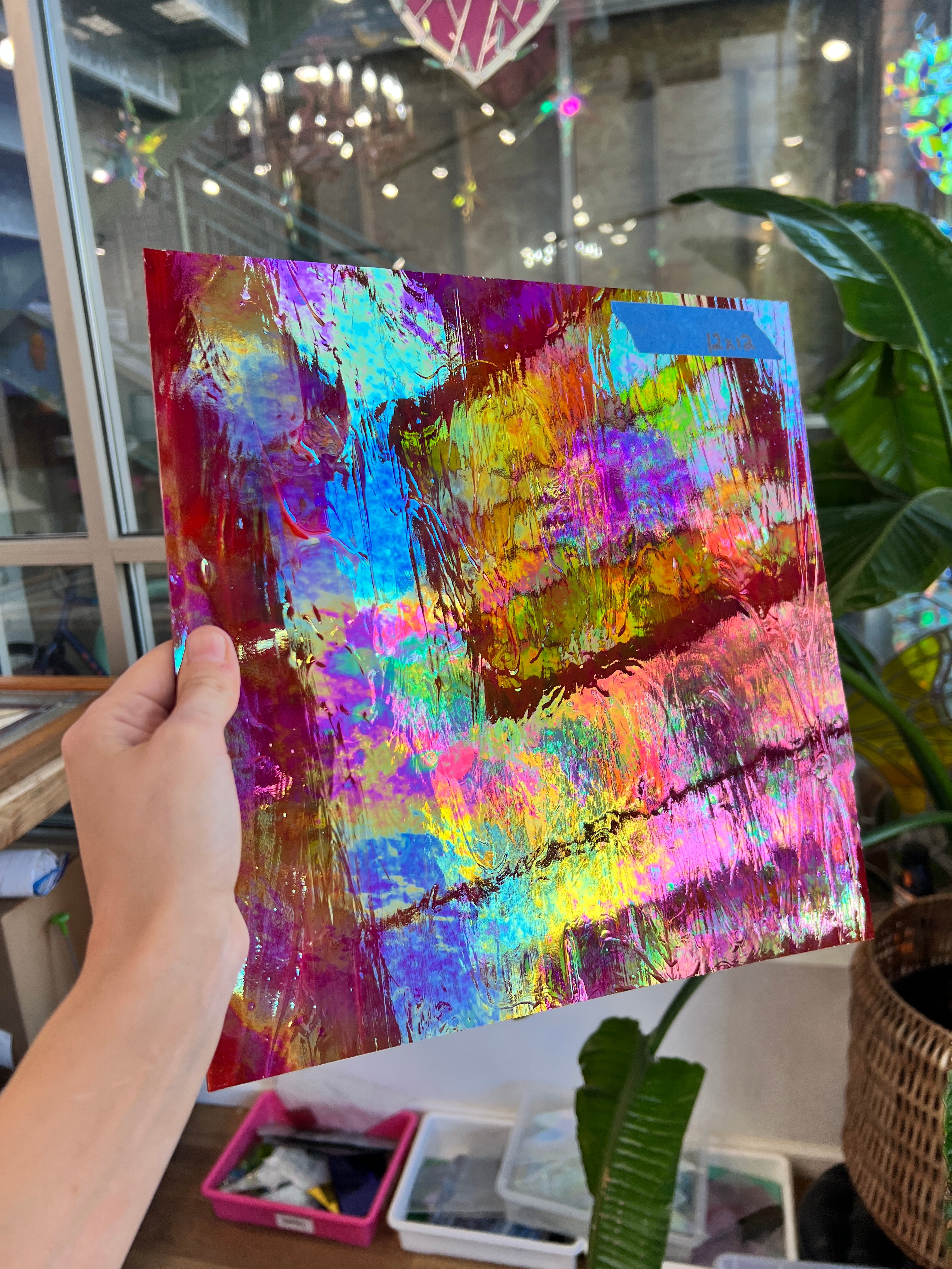 Rare Vintage Iridescent Red Spectrum Wispy Glass Sheet Glass Colorado Glassworks SP1838 (12x12in)