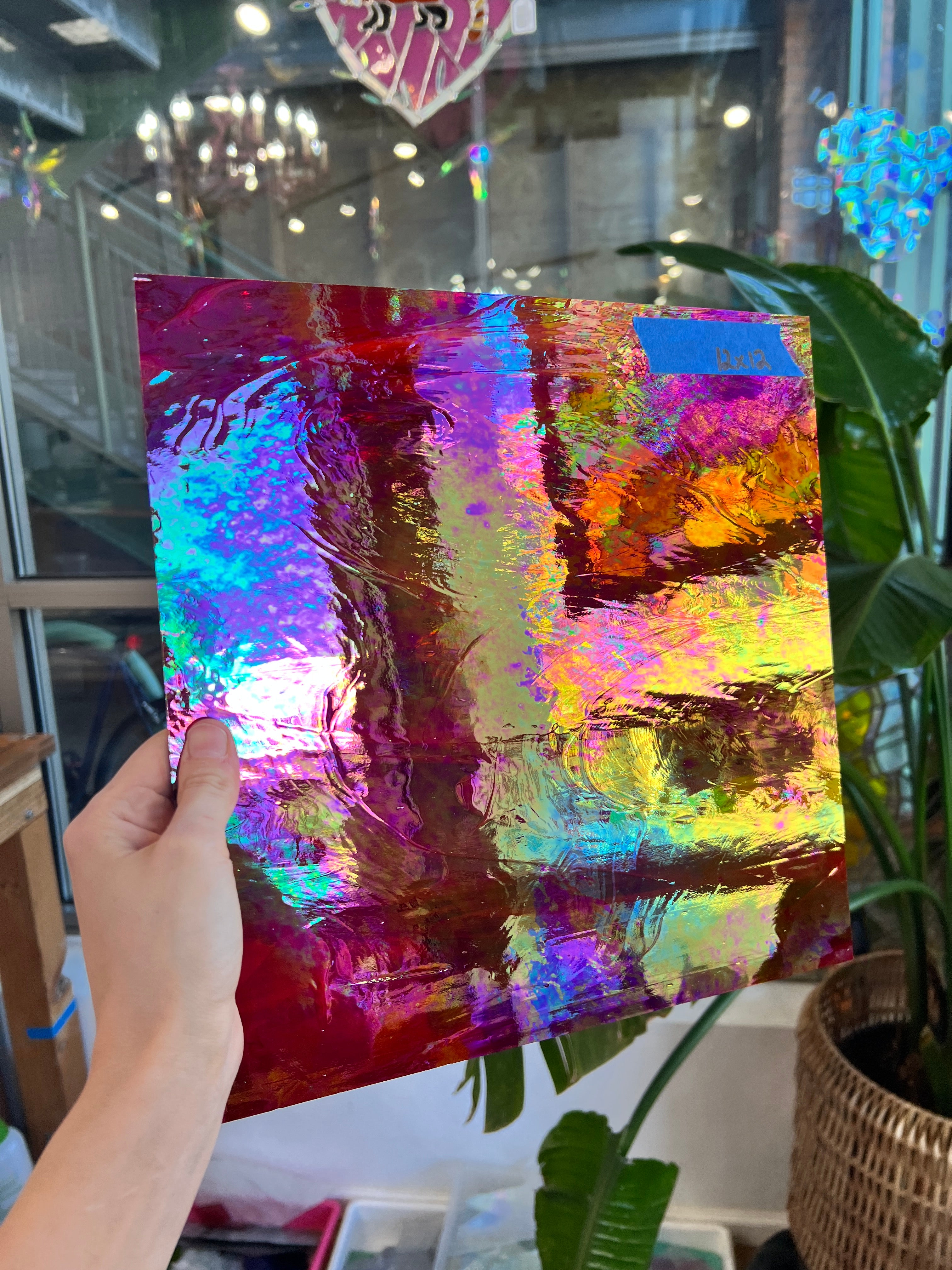 Rare Vintage Iridescent Red Spectrum Wispy Glass Sheet Glass Colorado Glassworks SP1835 (12x12in)