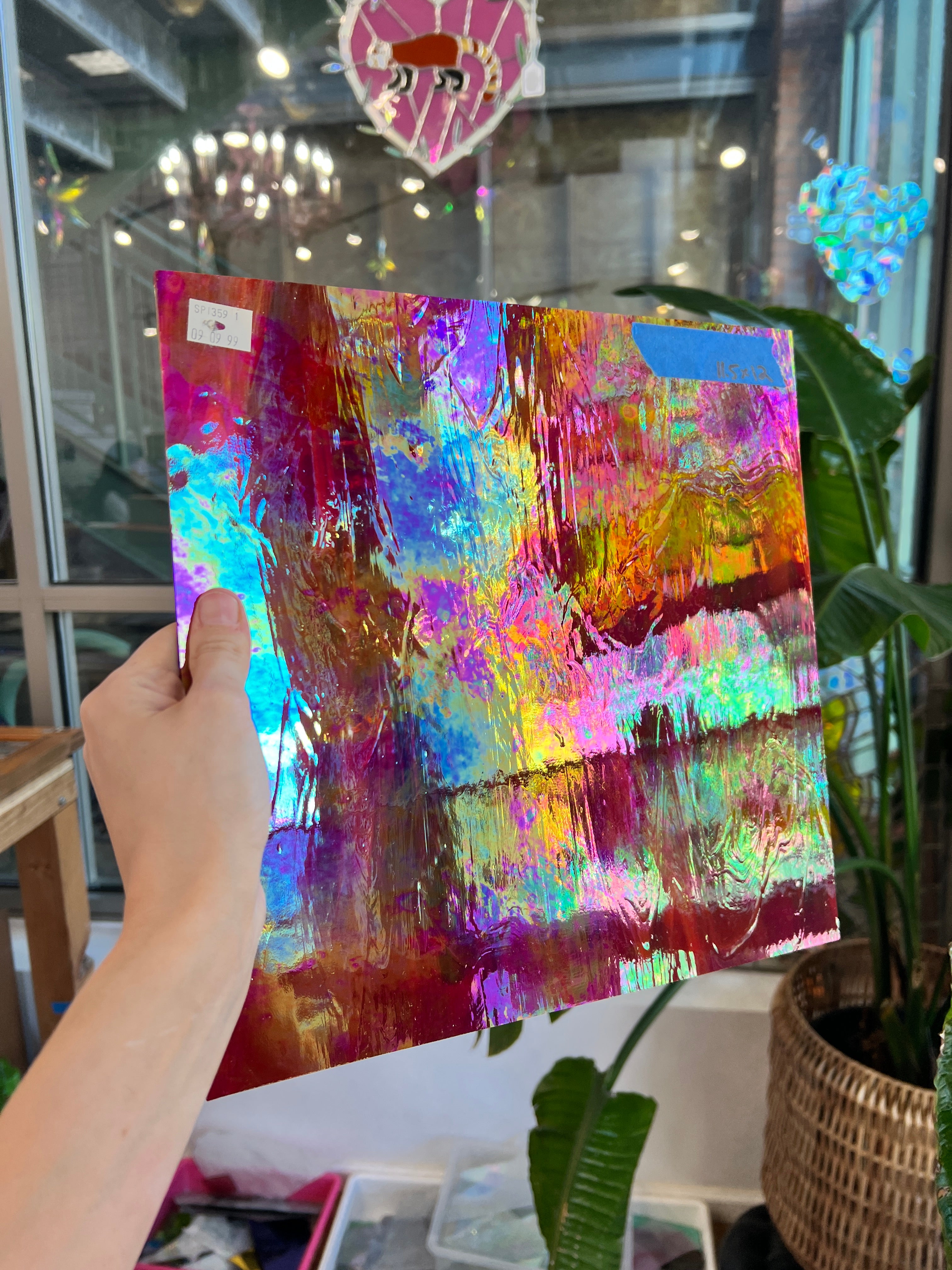 Rare Vintage Iridescent Red Spectrum Wispy Glass Sheet Glass Colorado Glassworks SP1834 (12x12in)