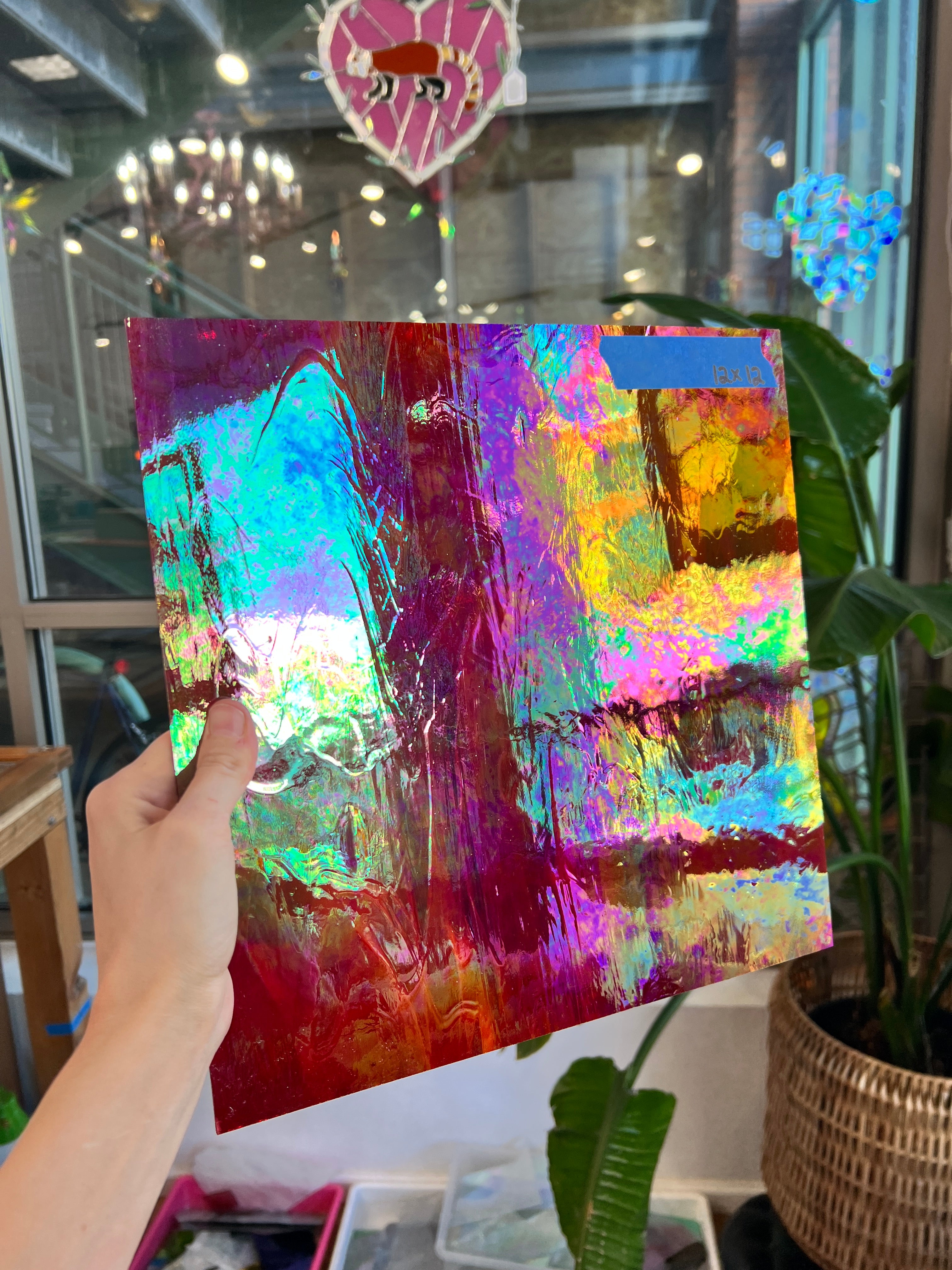 Rare Vintage Iridescent Red Spectrum Wispy Glass Sheet Glass Colorado Glassworks SP1833 (12x12in)