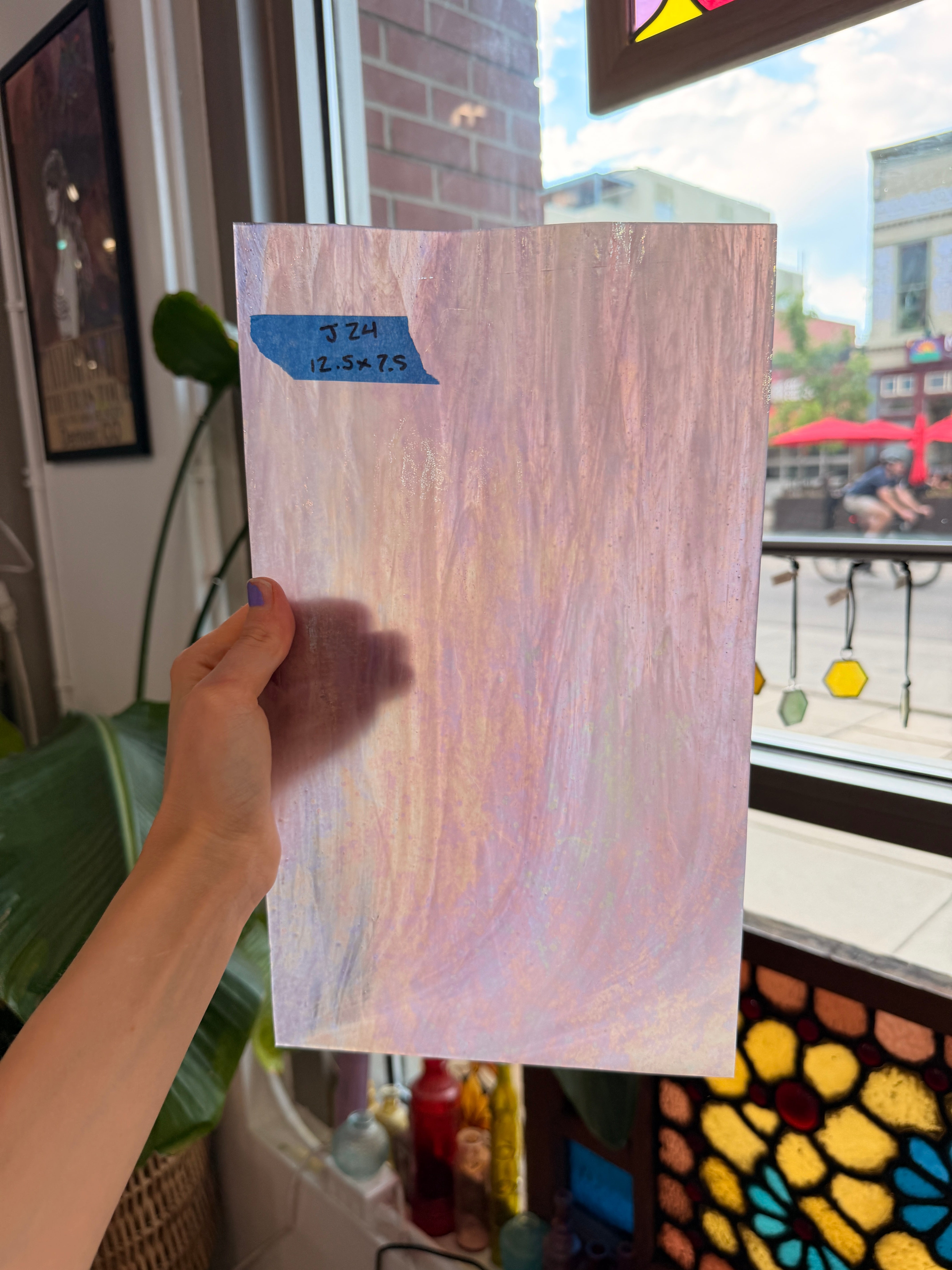 Mauve Iridescent Wispy Swirl Wissmach Sheet Glass Wissmach Glass J24 (12.5x7.5in score line accounted for)