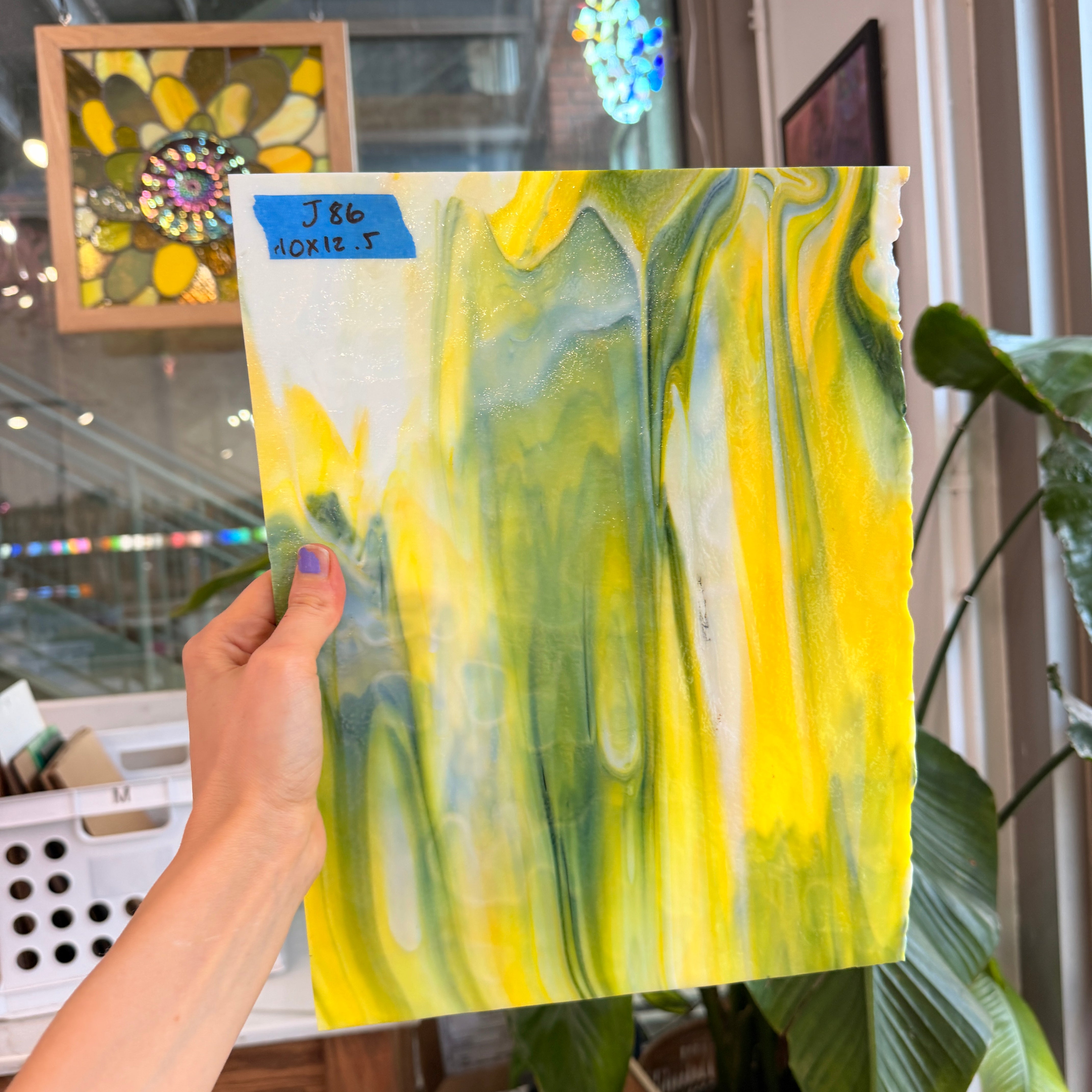 Mottled Green Yellow White Mixed Uroboros Fusible Sheet Glass Uroboros Glass 10x12.5in (UR-76119341)