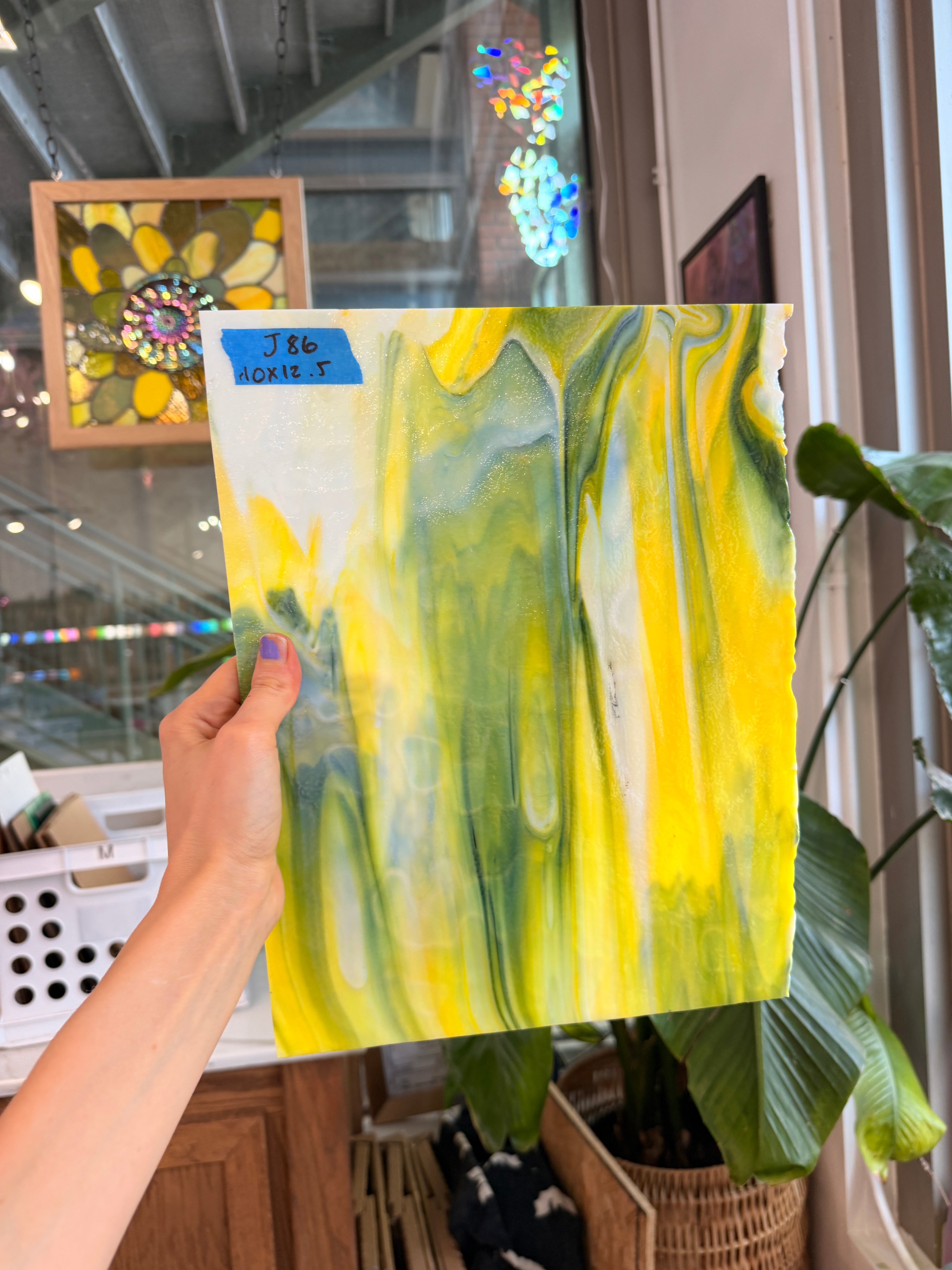 Mottled Green Yellow White Mixed Uroboros Fusible Sheet Glass Uroboros Glass 10x12.5in (UR-76119341)