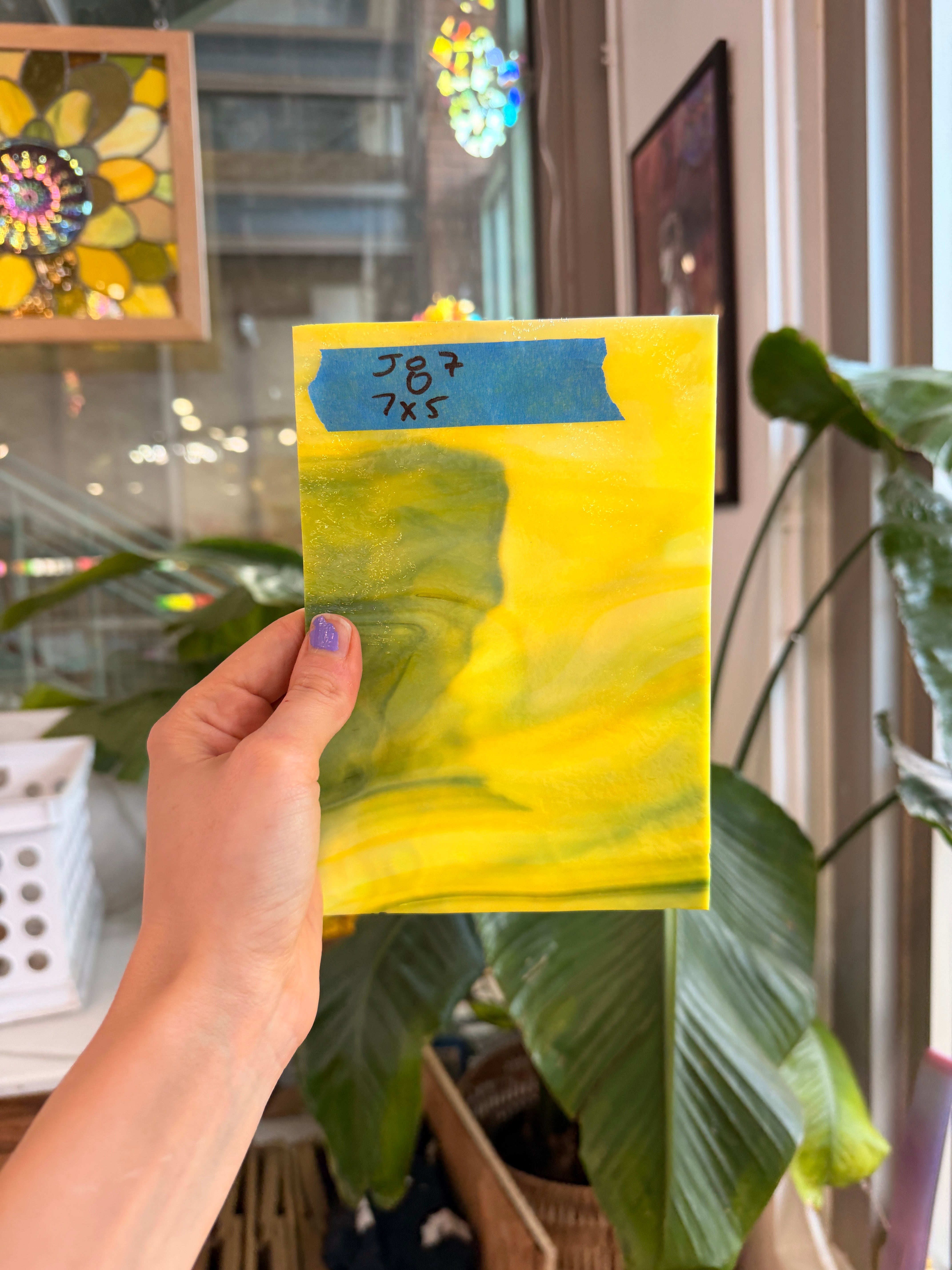 Mottled Green Yellow White Mixed Uroboros Fusible Sheet Glass Uroboros Glass 7x5in (UR-76152109)