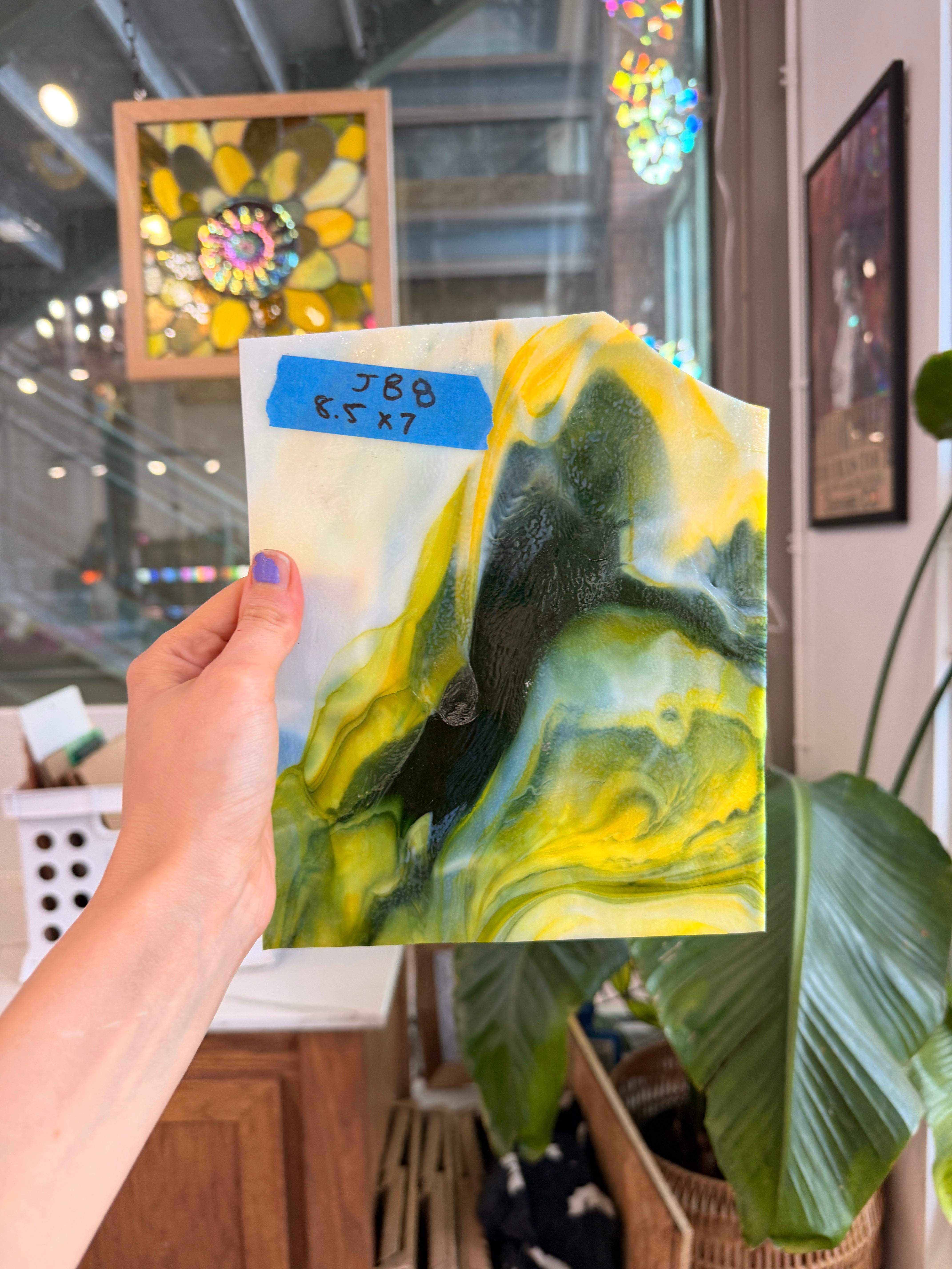 Mottled Green Yellow White Mixed Uroboros Fusible Sheet Glass Uroboros Glass 8.5x7in (UR-76184877)