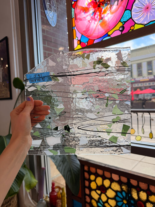 Black Stringer with White Green Confetti on Clear Bullseye Fusible Sheet Glass Bullseye Glass