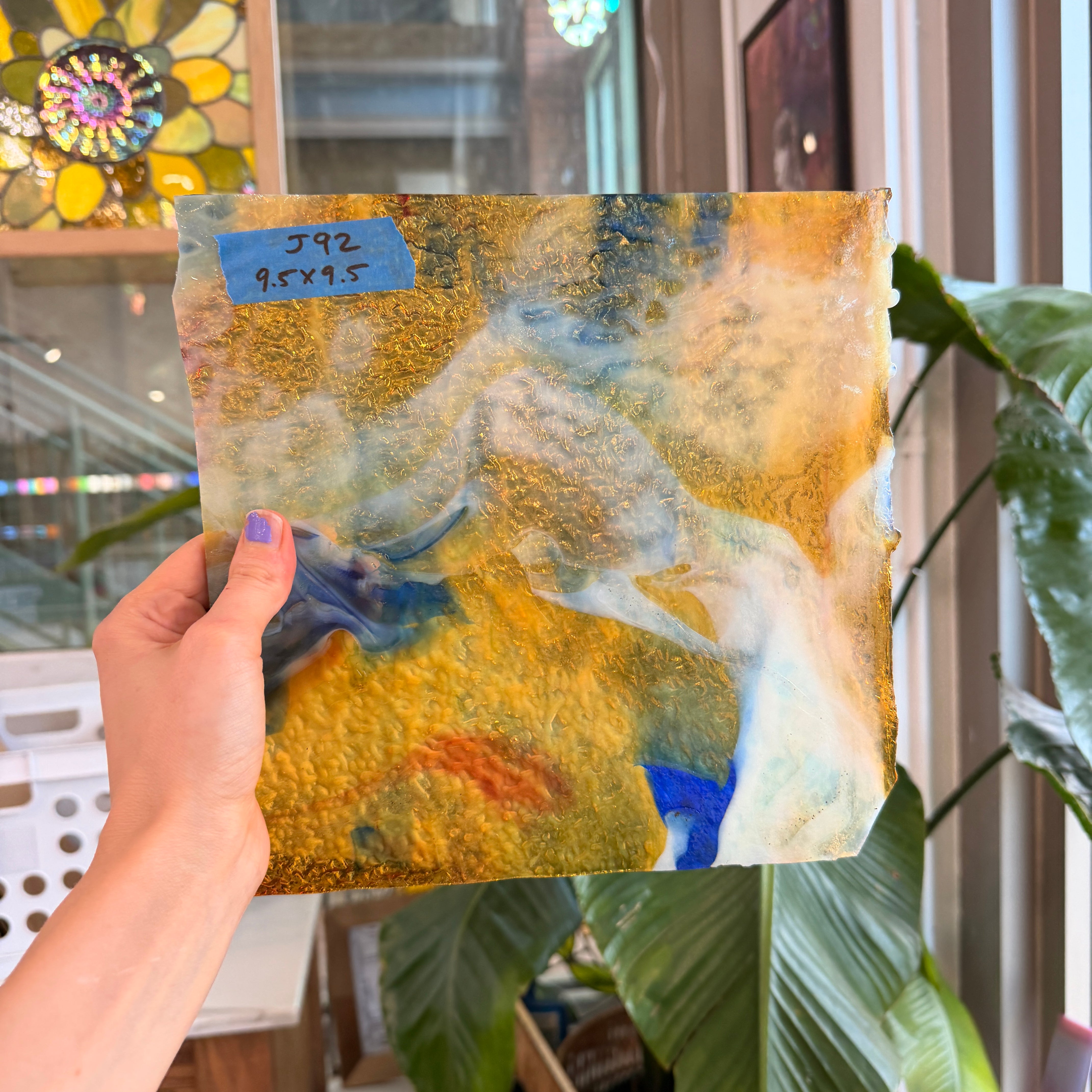 Vintage Transparent Blue Amber Mixed Textured Uroboros Fusible Sheet Glass Uroboros Glass 9.5x9.5in (UR-75791661)
