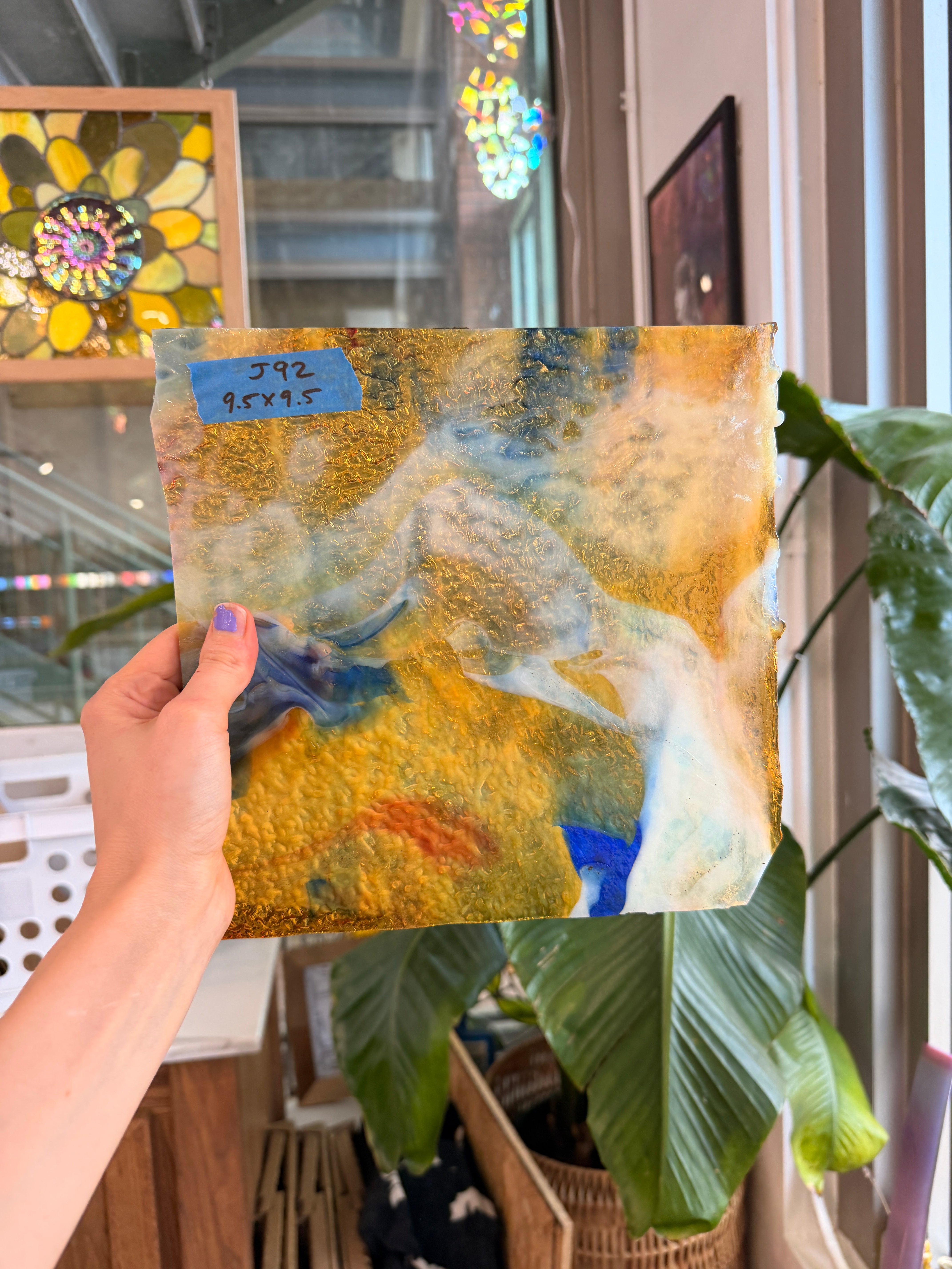 Vintage Transparent Blue Amber Mixed Textured Uroboros Fusible Sheet Glass Uroboros Glass 9.5x9.5in (UR-75791661)